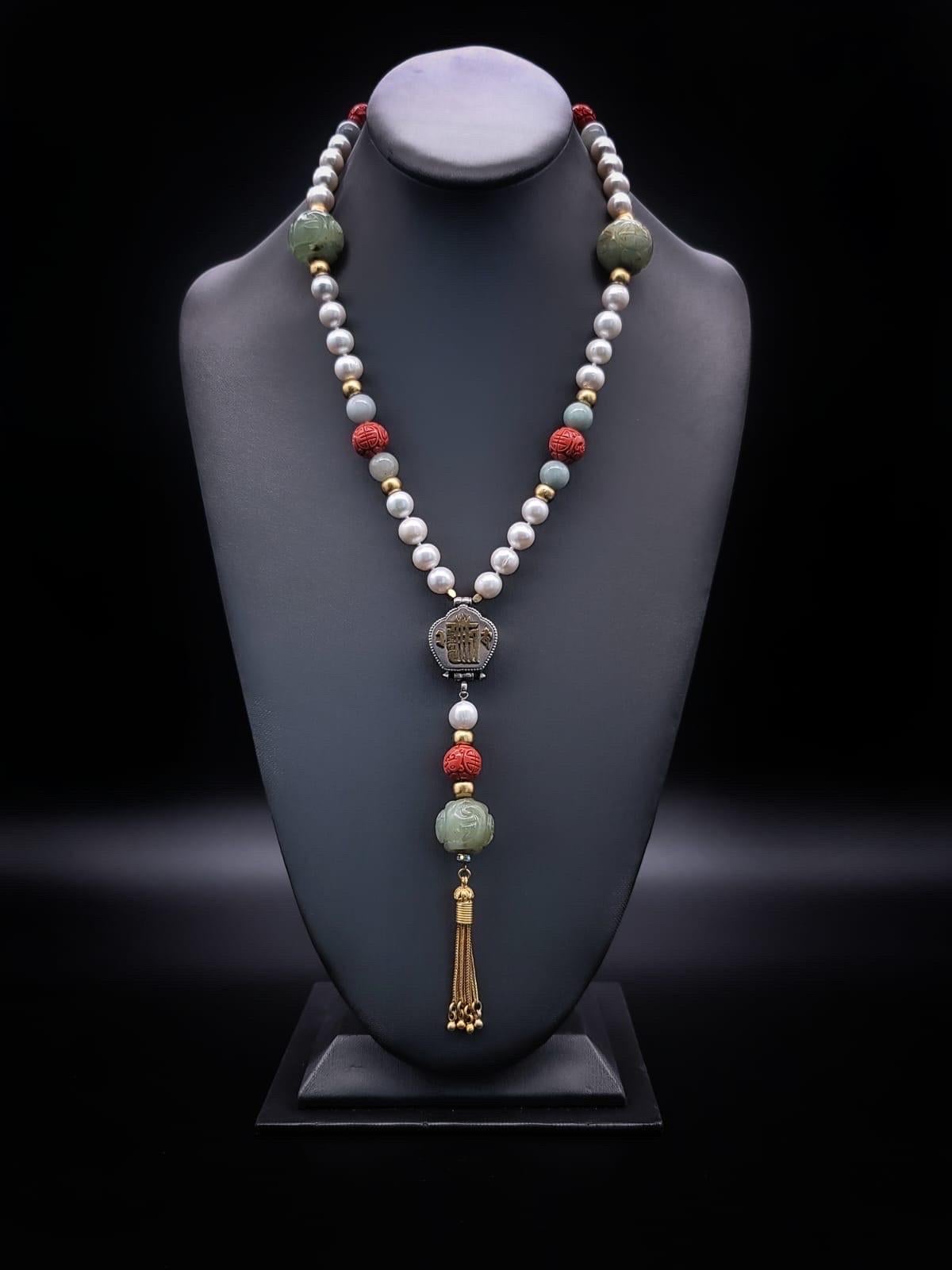 A.Jeschel Long Pearl necklace with Jade carved beads. For Sale 6