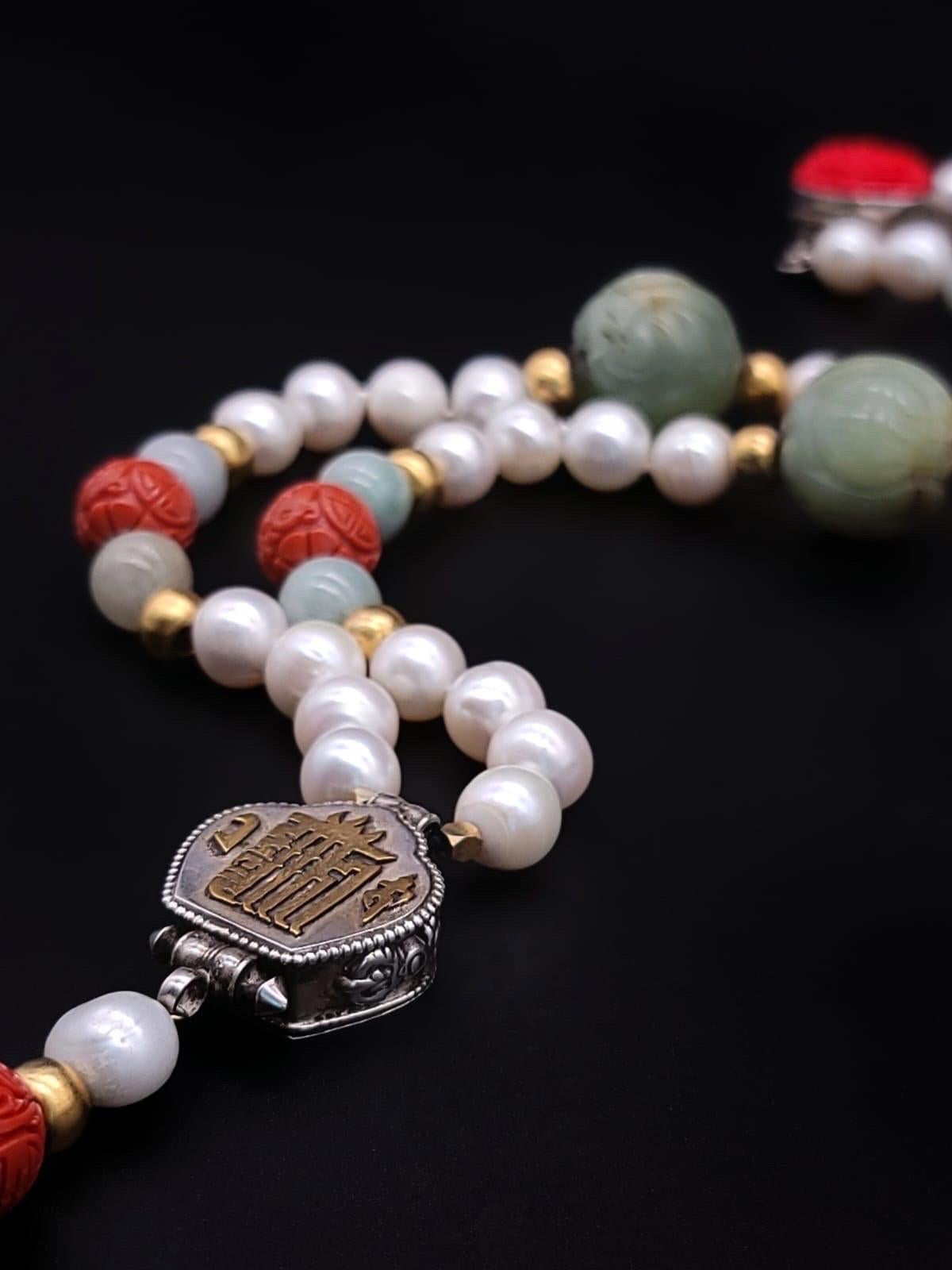 A.Jeschel Long Pearl necklace with Jade carved beads. For Sale 8