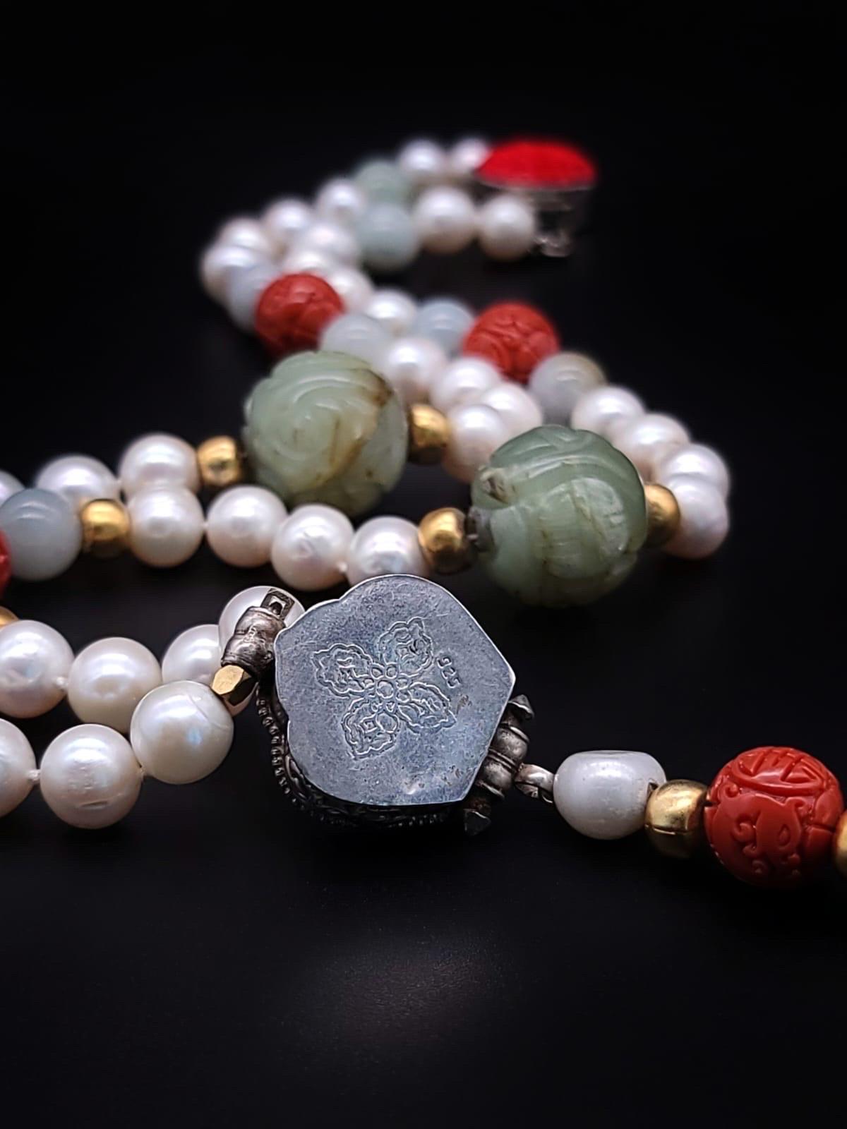 A.Jeschel Long Pearl necklace with Jade carved beads. For Sale 9