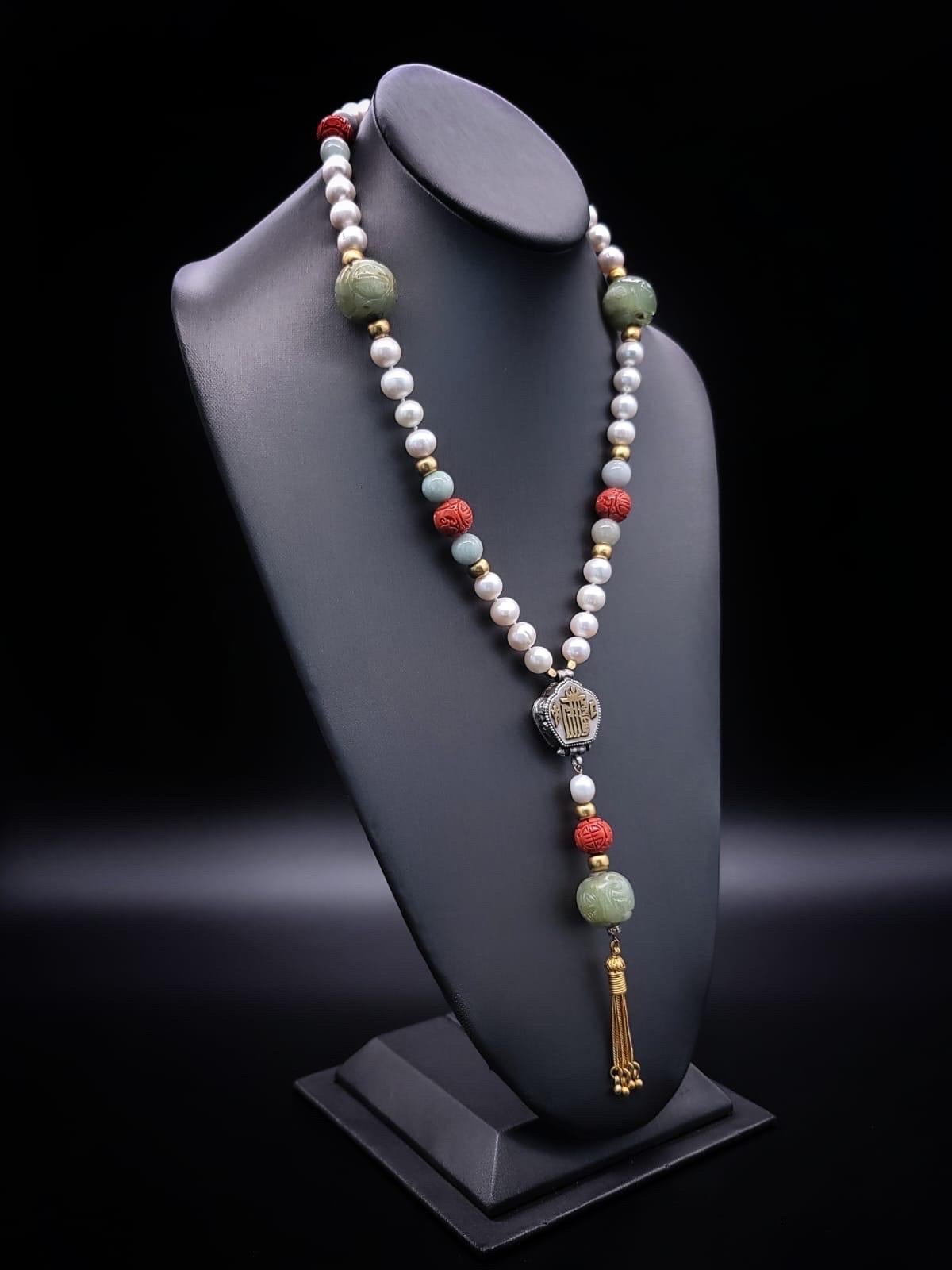 Imagine a necklace that speaks of heritage, elegance, and a touch of mystique. Picture a strand of lustrous, creamy pearls, each one unique in its shape and hue, carefully selected for its individual beauty. These pearls, delicately hand-knotted