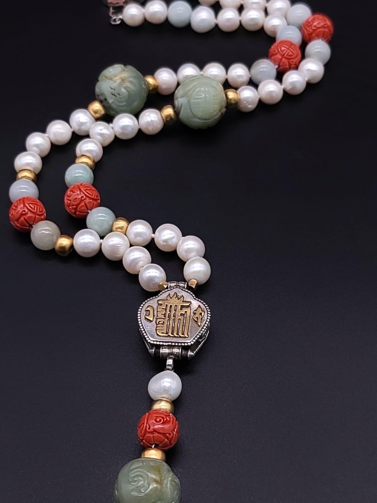 Mixed Cut A.Jeschel Long Pearl necklace with Jade carved beads. For Sale