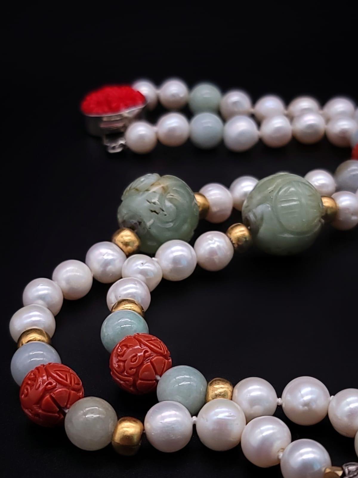 Women's or Men's A.Jeschel Long Pearl necklace with Jade carved beads. For Sale