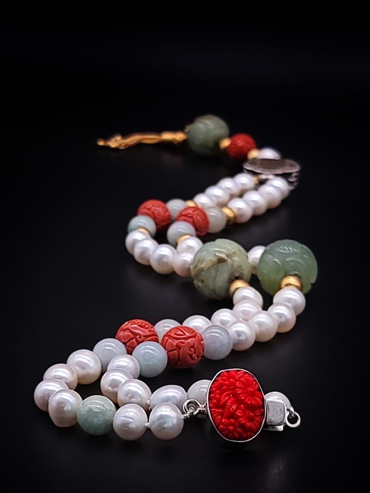 A.Jeschel Long Pearl necklace with Jade carved beads. For Sale 3