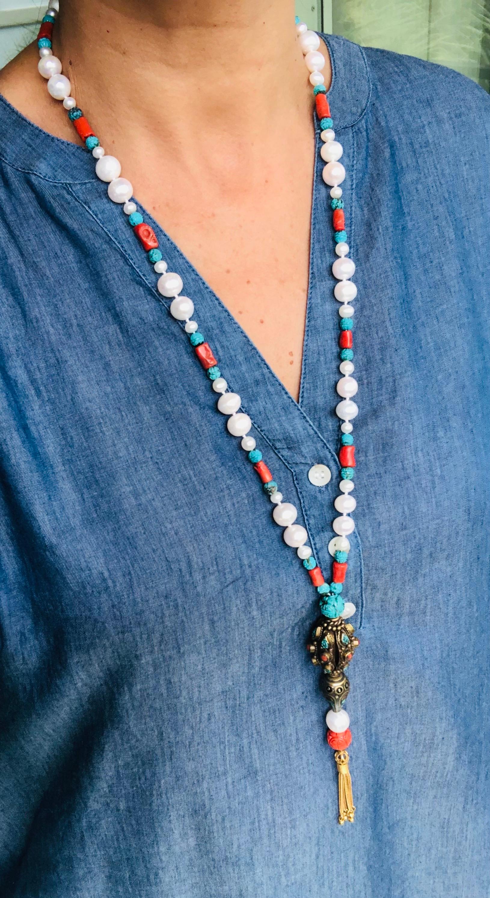 A.Jeschel Elegant Long Pearl necklace with Tibetan Pendant. For Sale 3