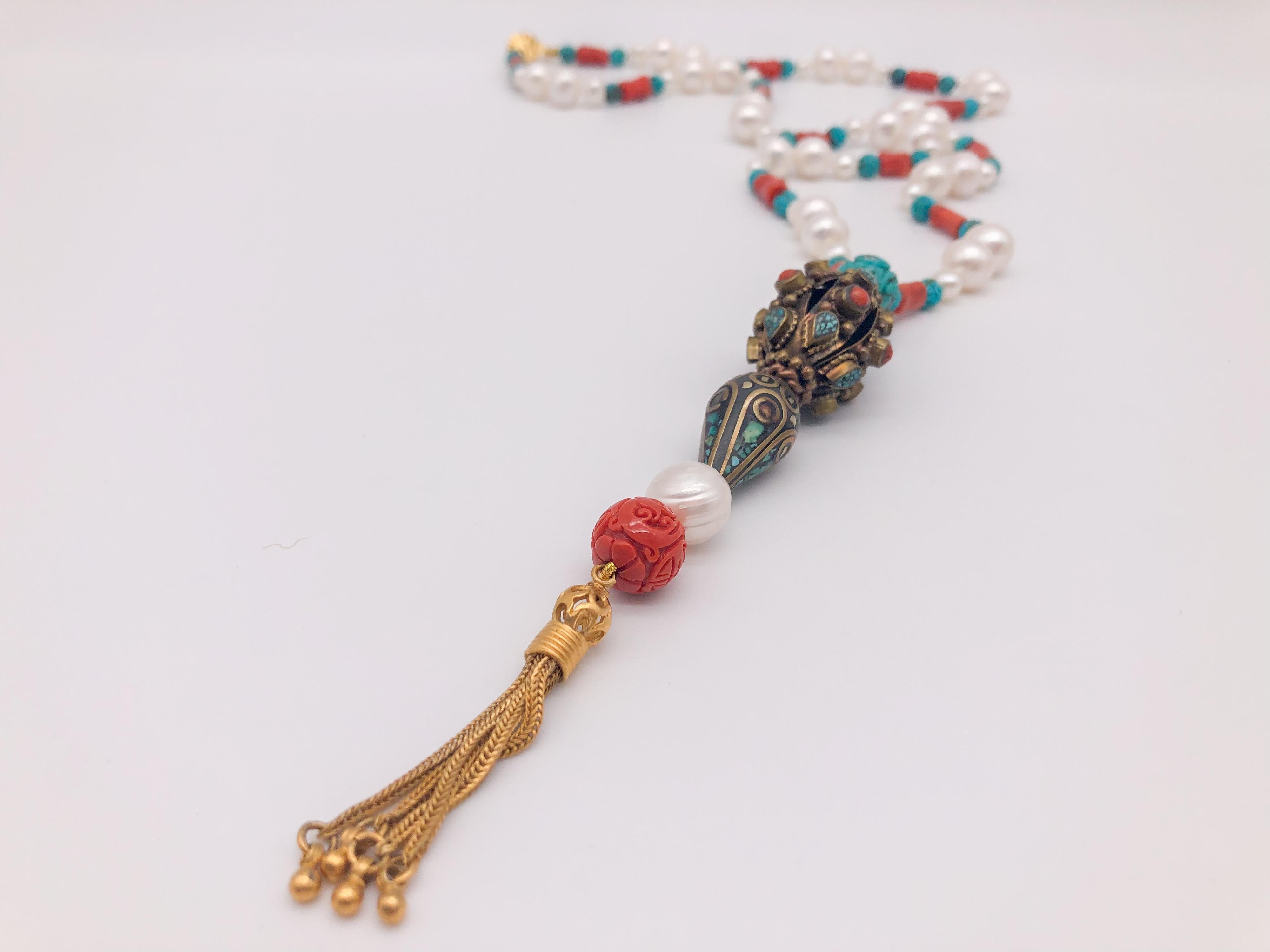 Mixed Cut A.Jeschel Elegant Long Pearl necklace with Tibetan Pendant. For Sale