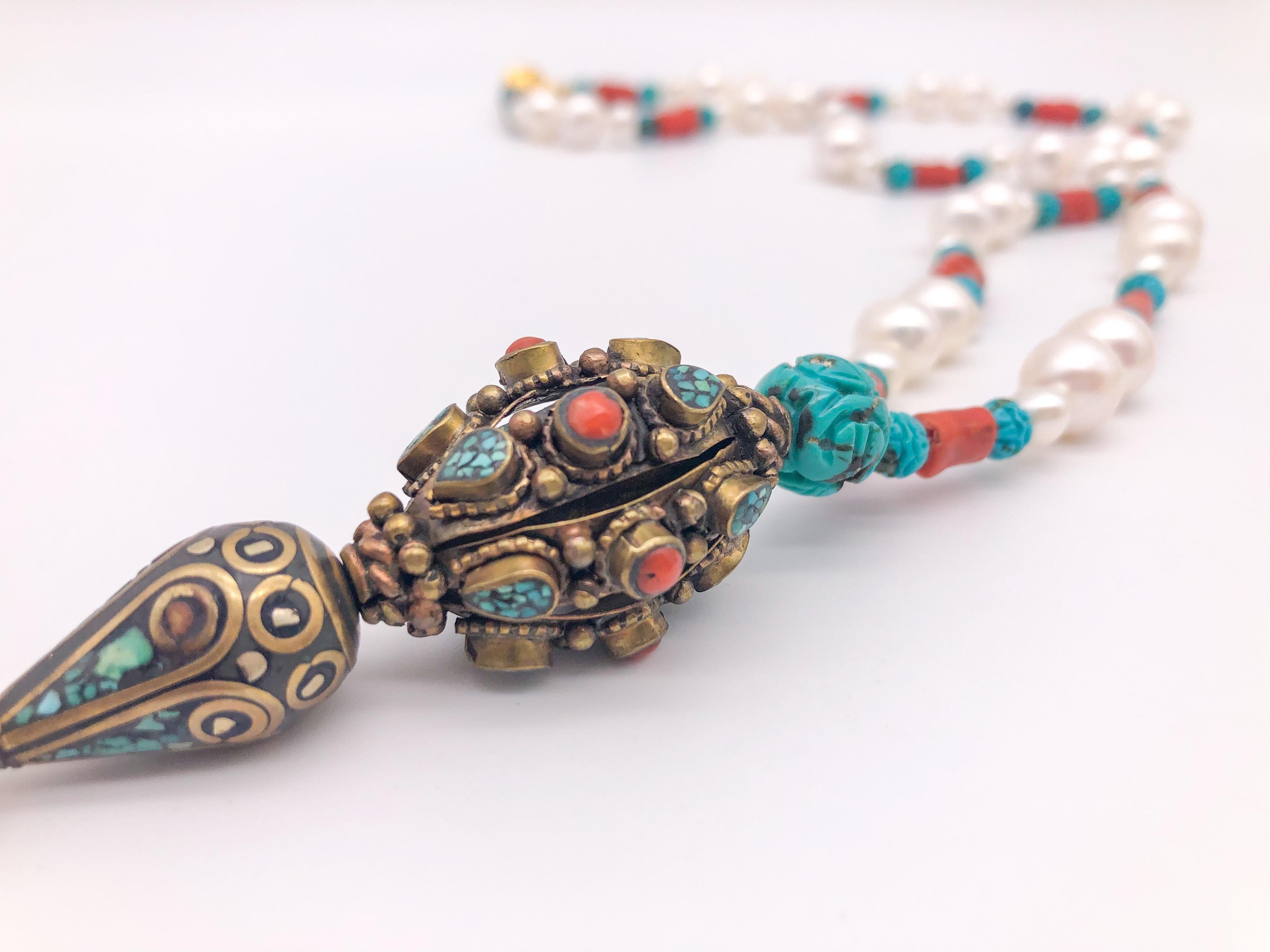 A.Jeschel Elegant Long Pearl necklace with Tibetan Pendant. For Sale 1