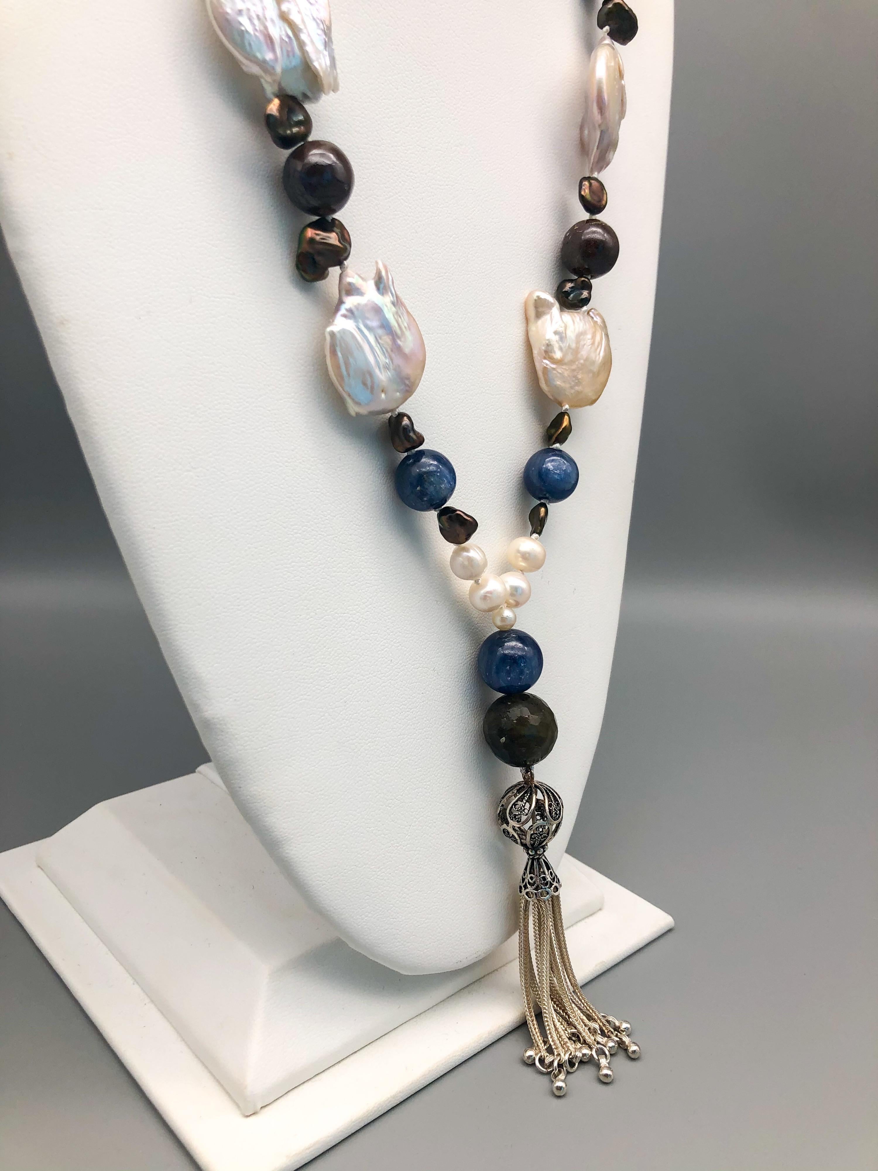 A.Jeschel Long rope, Baroque Pearls, Kyanite, Boulder opal In New Condition For Sale In Miami, FL