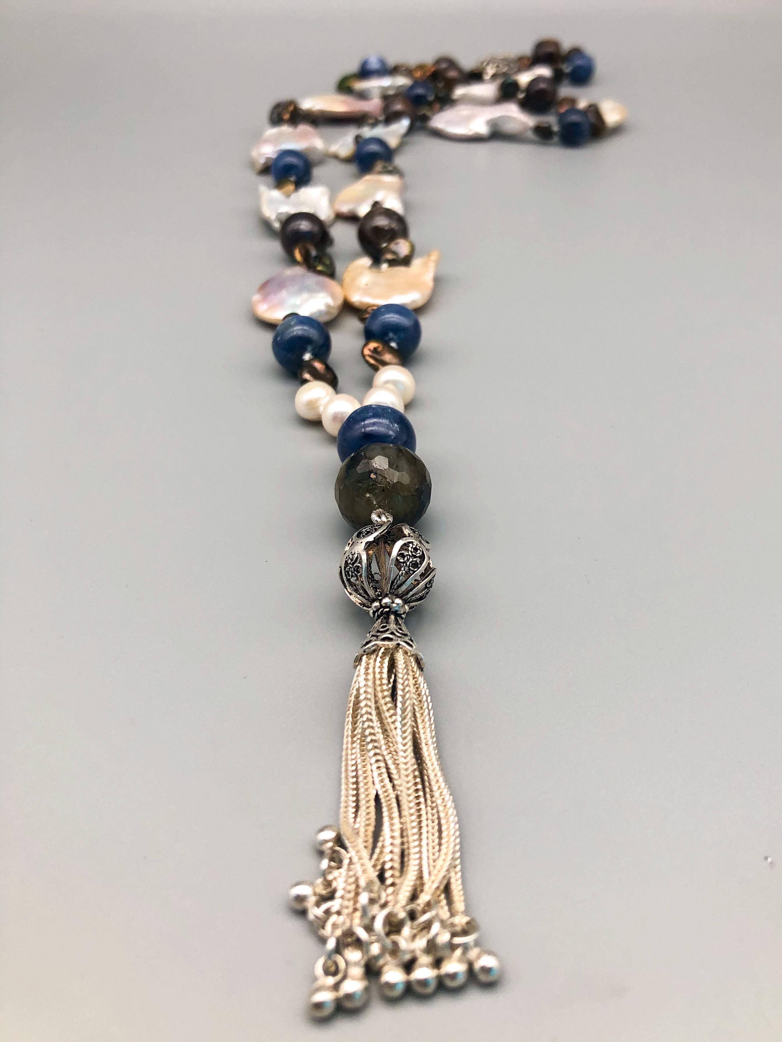 A.Jeschel Long rope, Baroque Pearls, Kyanite, Boulder opal For Sale 1