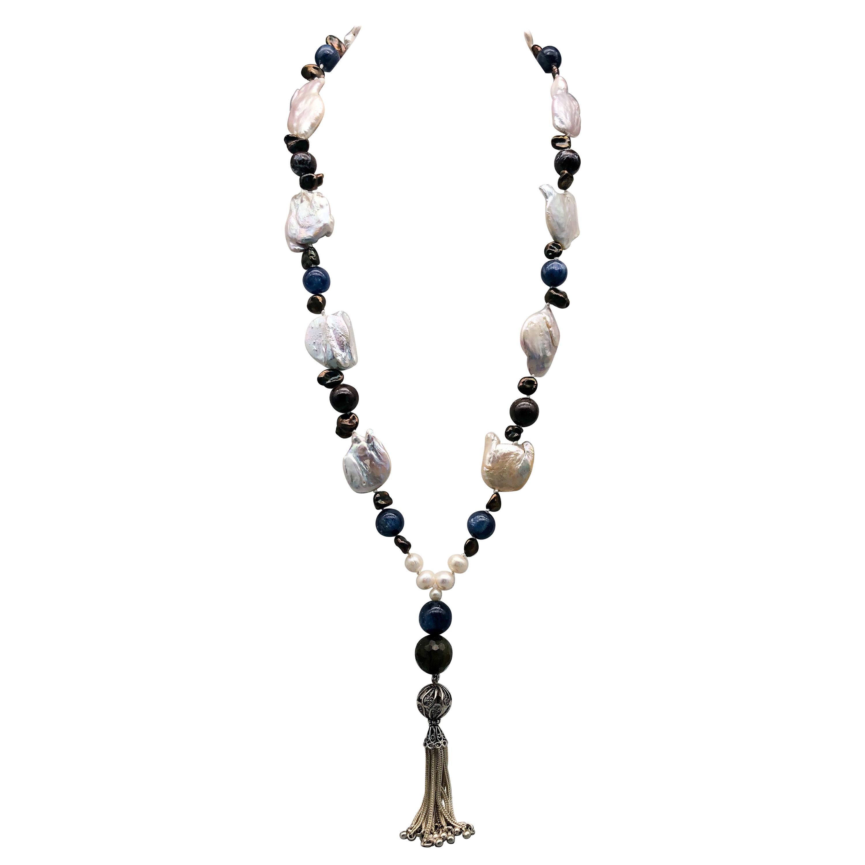 A.Jeschel Long rope, Baroque Pearls, Kyanite, Boulder opal For Sale