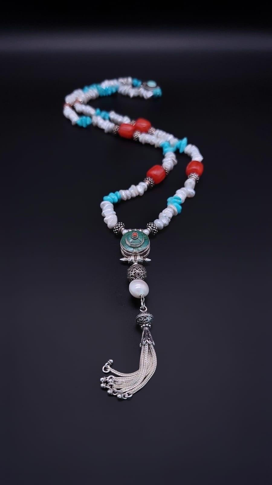 Mixed Cut A.Jeschel long versatile Y Turquoise necklace