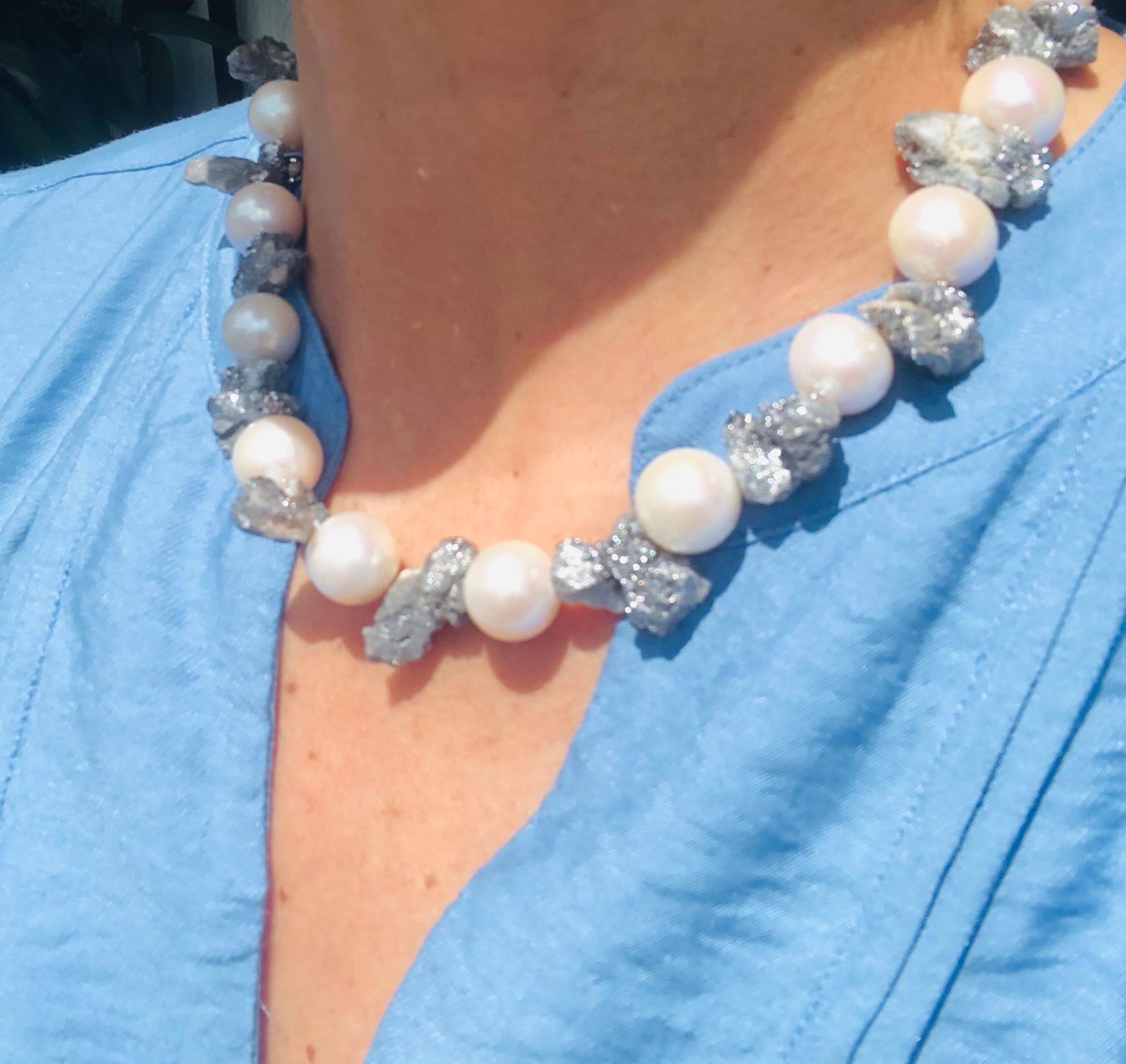 Contemporary A.Jeschel  Lustrous 14mm pearls and sparkly druzy Quartz necklace. For Sale