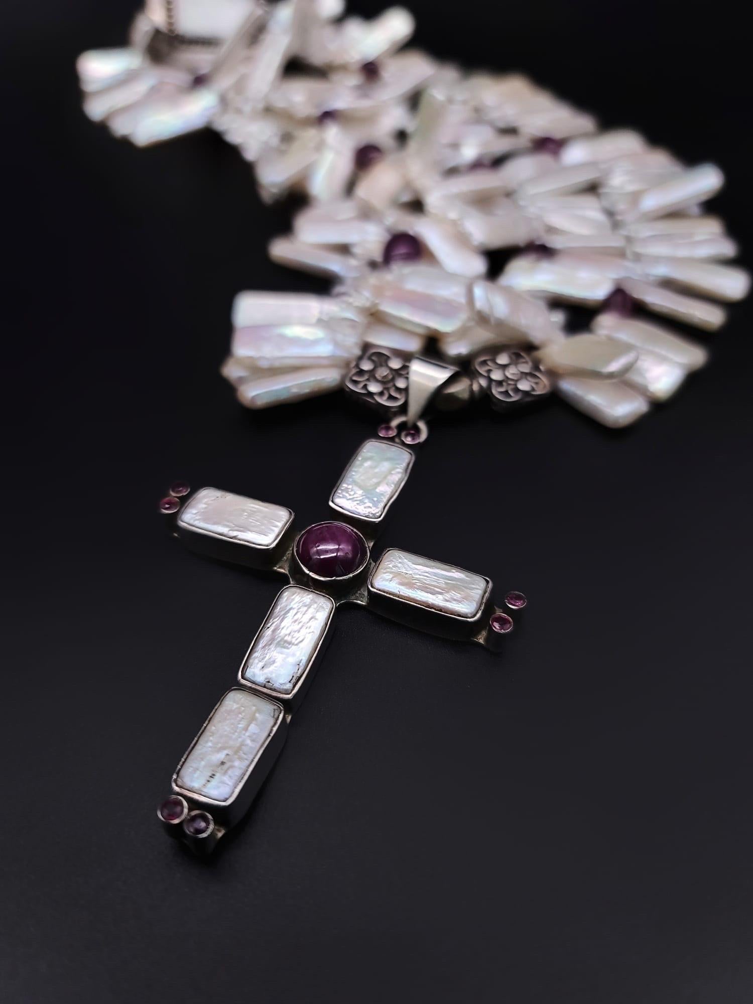 A.Jeschel Lustrous Pearl and Ruby cross pendant necklace. For Sale 3