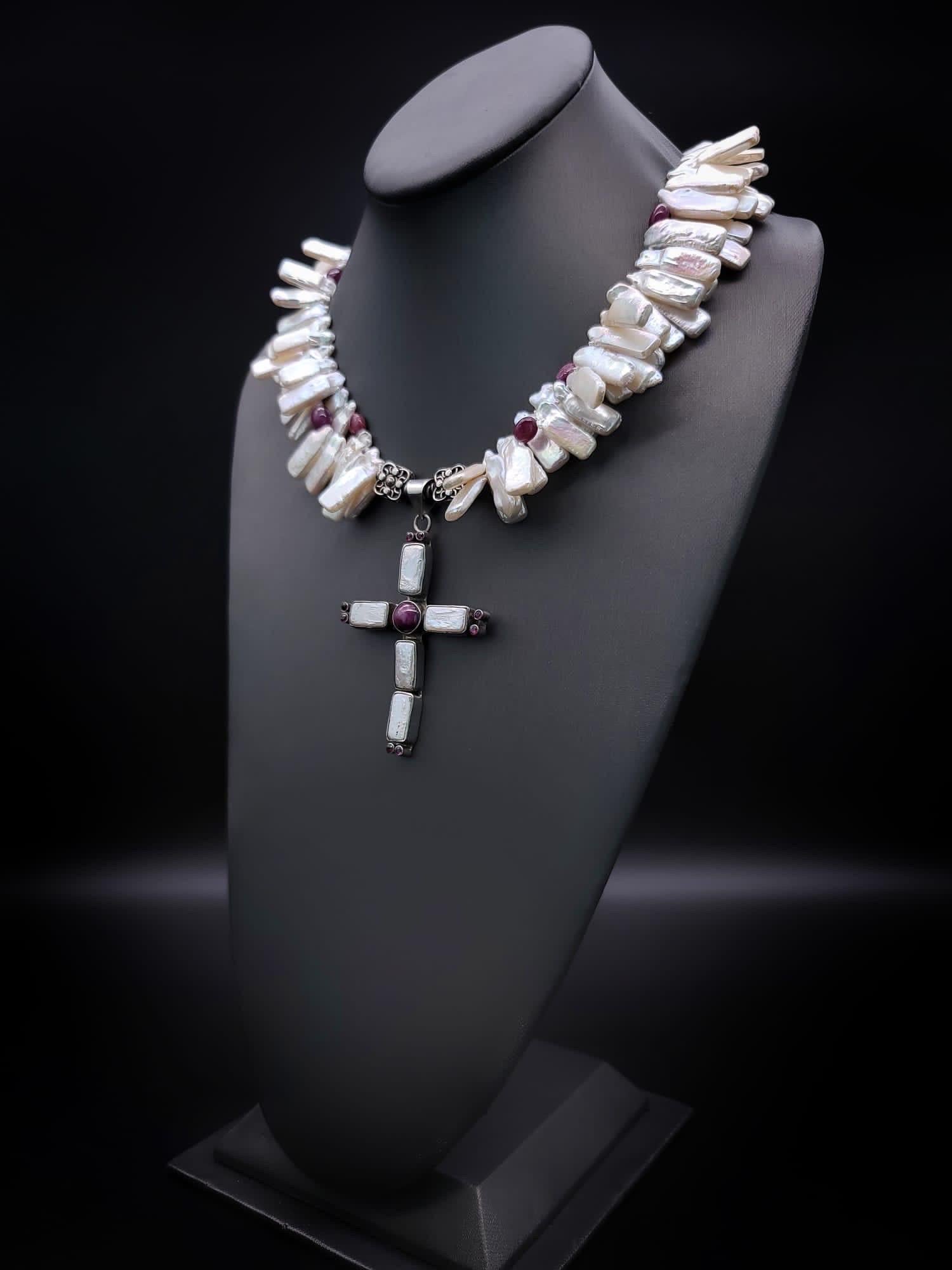 Contemporary A.Jeschel Lustrous Pearl and Ruby cross pendant necklace. For Sale