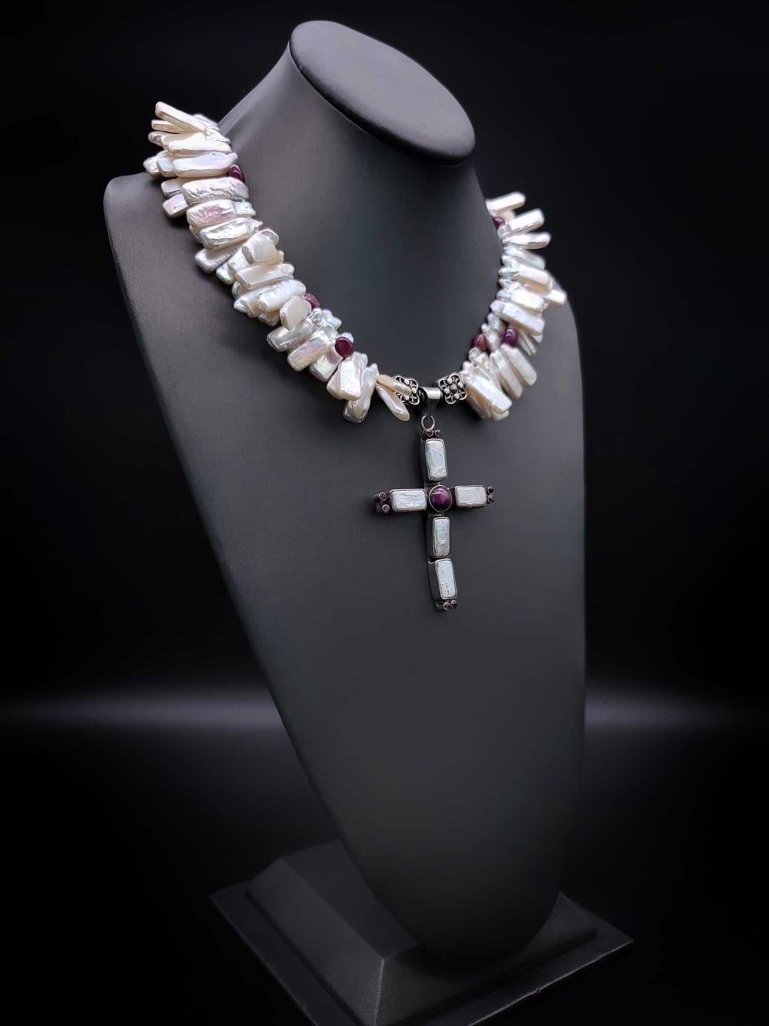 Mixed Cut A.Jeschel Lustrous Pearl and Ruby cross pendant necklace. For Sale