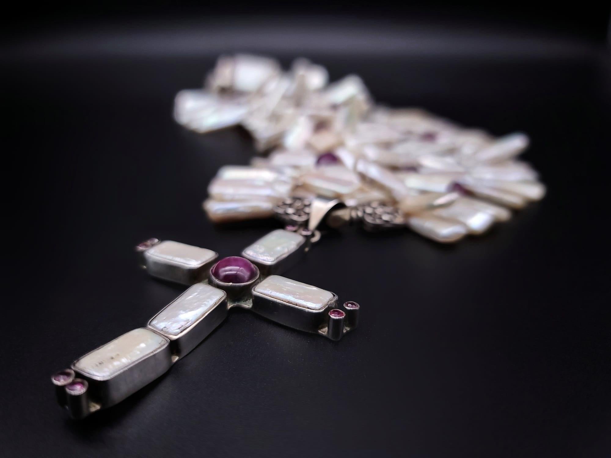 A.Jeschel Lustrous Pearl and Ruby cross pendant necklace. In New Condition For Sale In Miami, FL