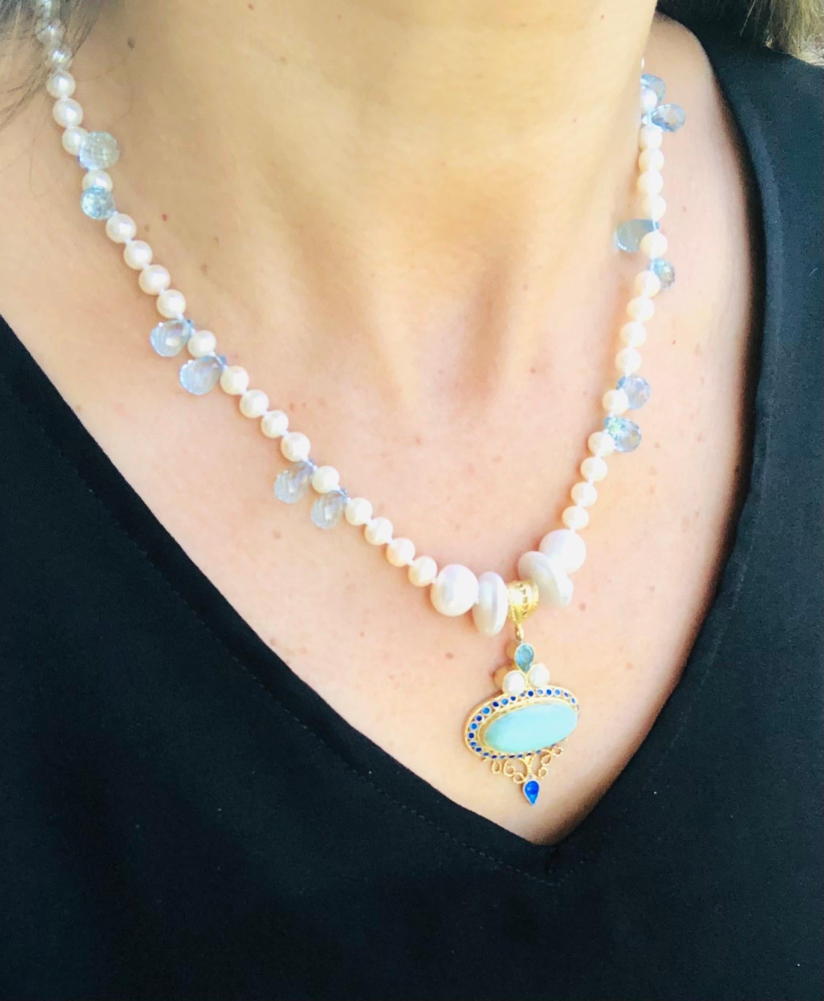 Women's A.Jeschel  Lustrous Pearls between Blue Topaz teardrops necklace. For Sale
