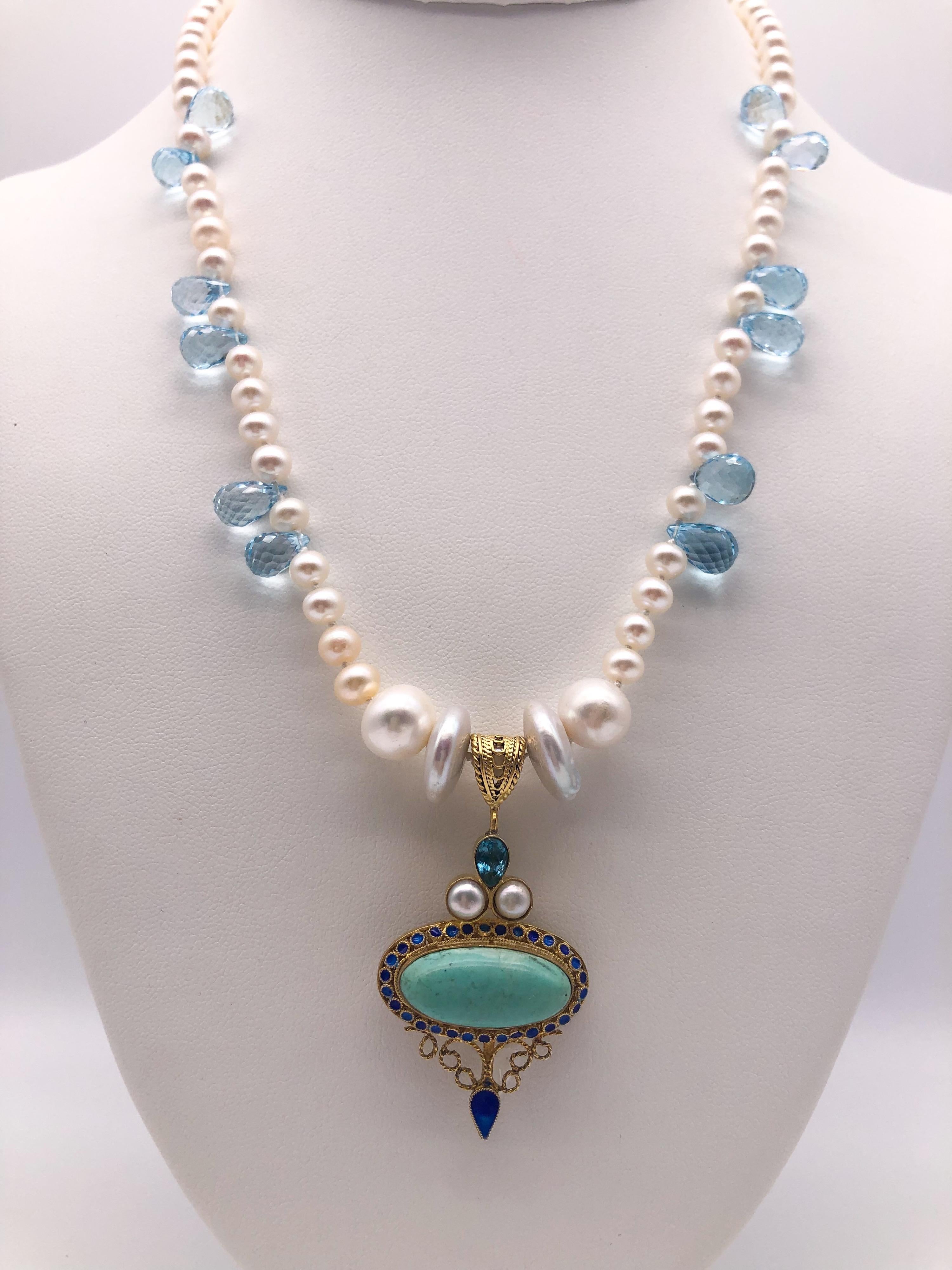 Mixed Cut A.Jeschel  Lustrous Pearls between Blue Topaz teardrops necklace. For Sale