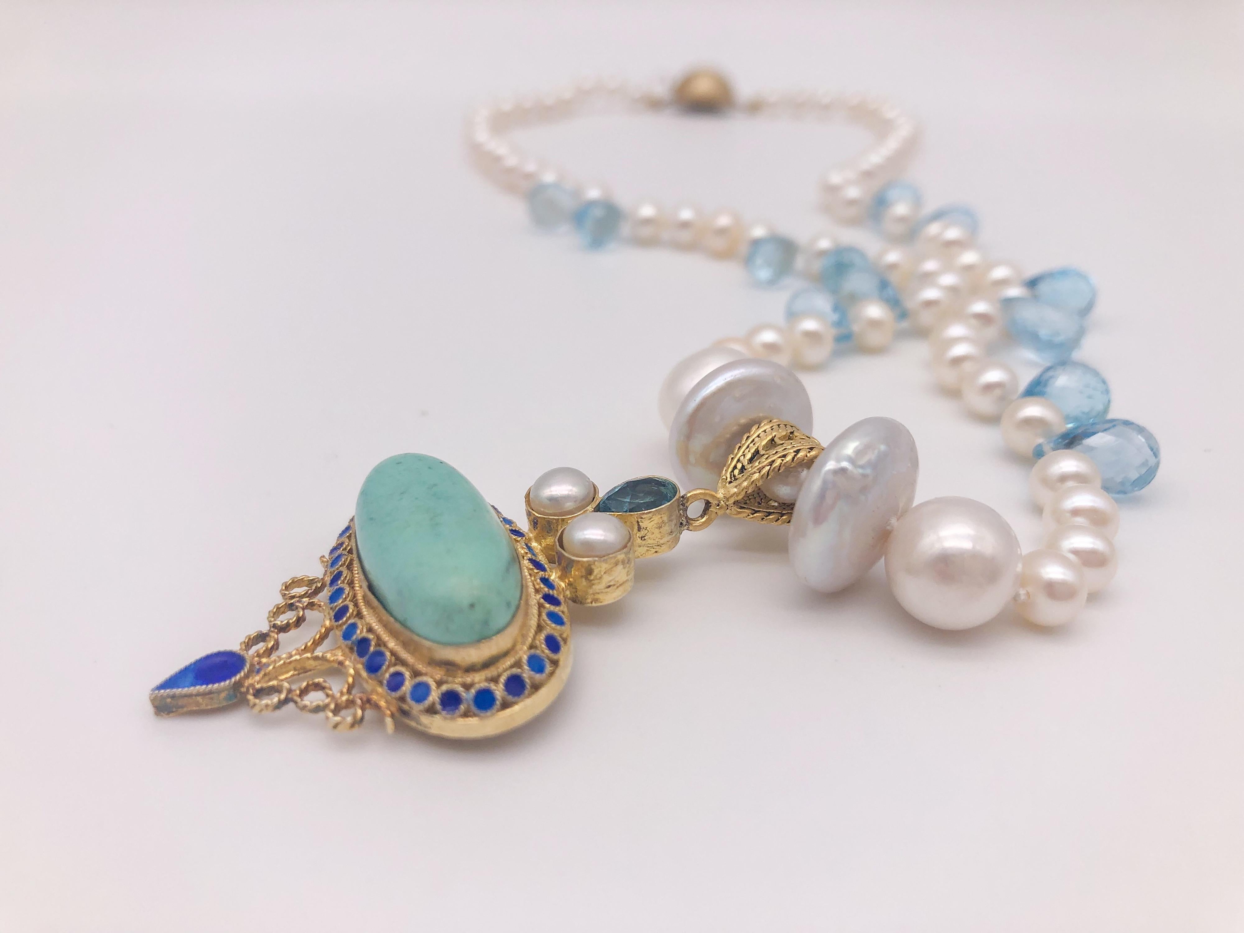 A.Jeschel  Lustrous Pearls between Blue Topaz teardrops necklace. In New Condition For Sale In Miami, FL