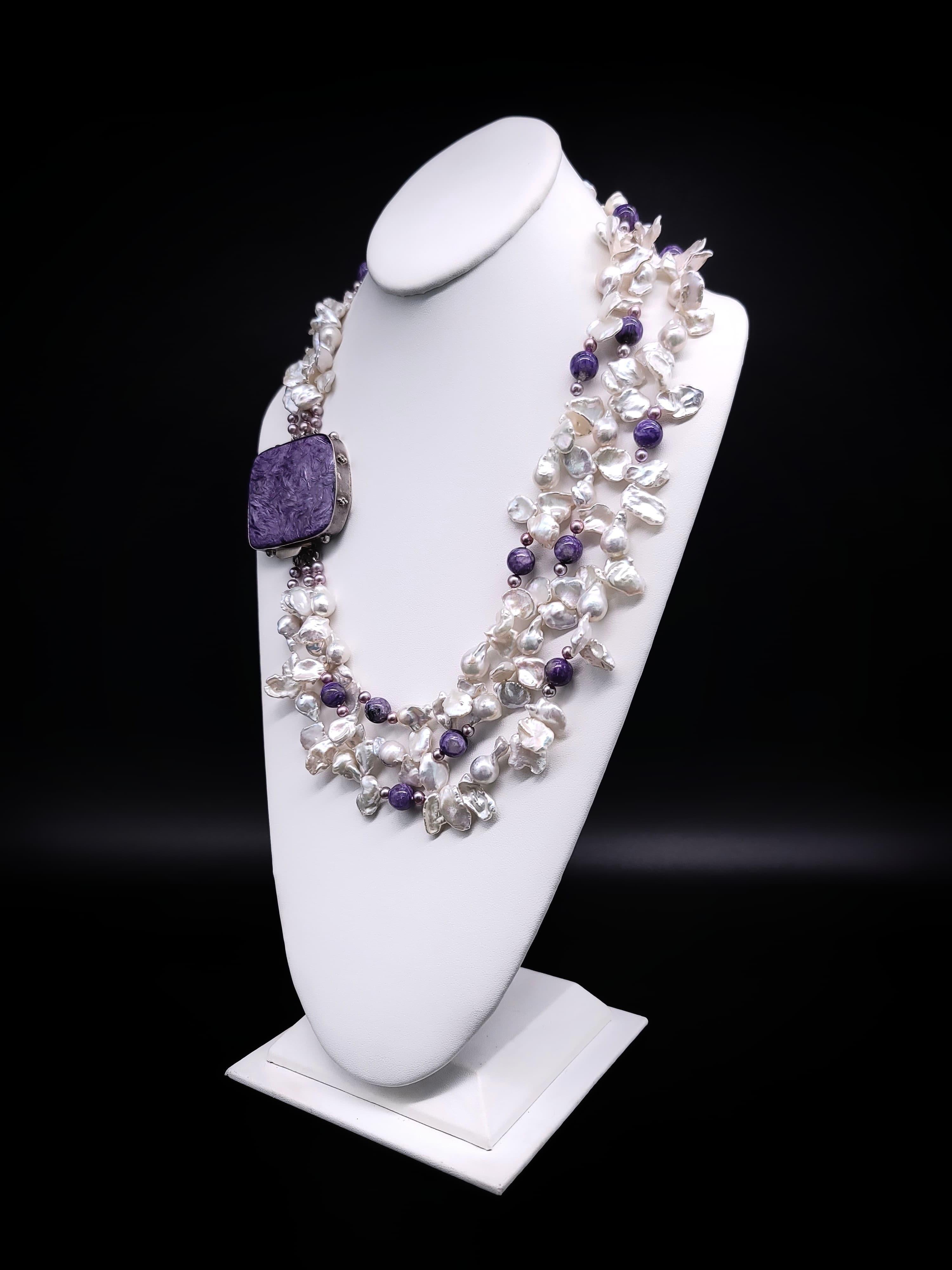 A.Jeschel Luxury Keshy Pearls with a signature Charoite clasp necklace. For Sale 6