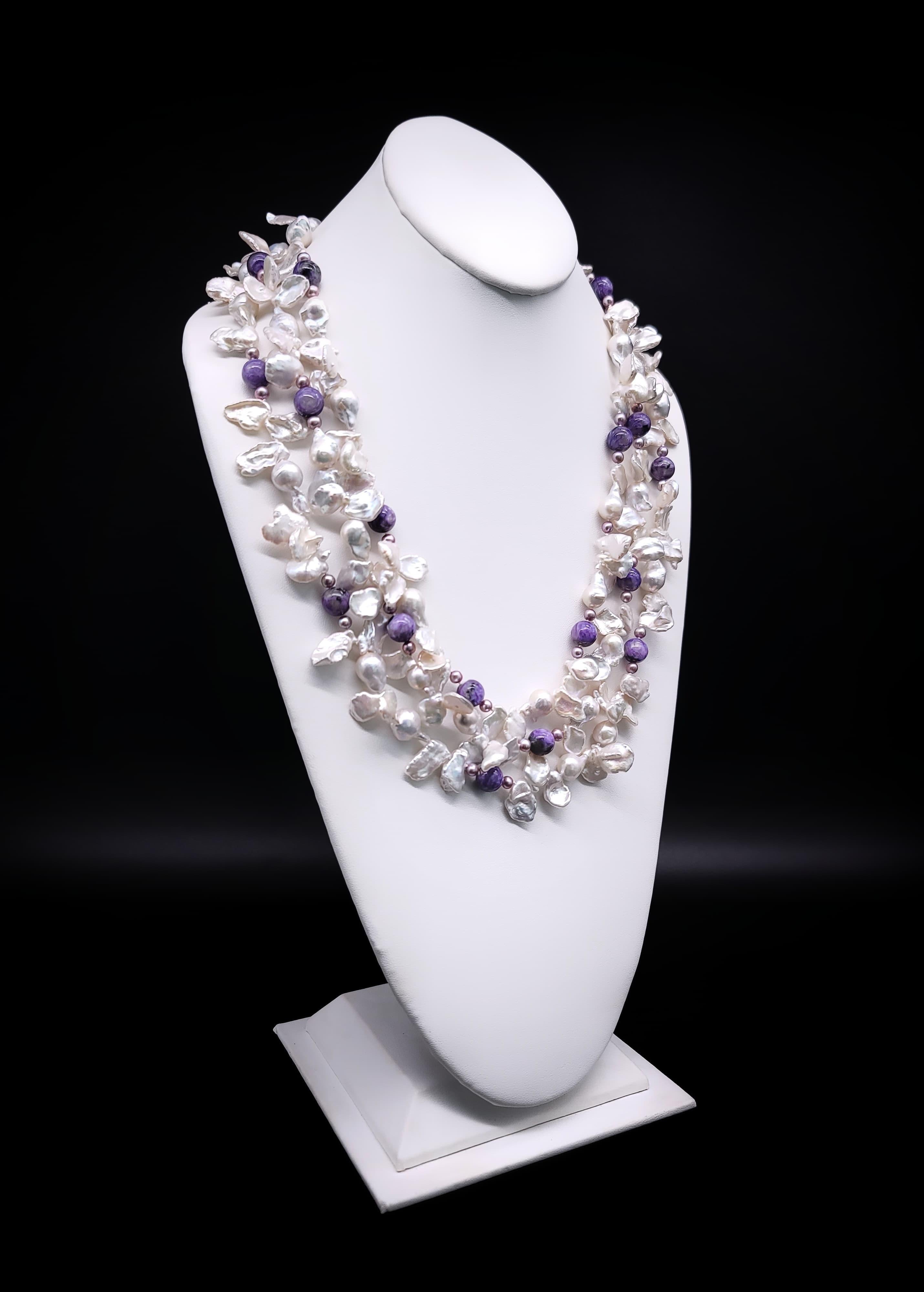 A.Jeschel Luxury Keshy Pearls with a signature Charoite clasp necklace. For Sale 7