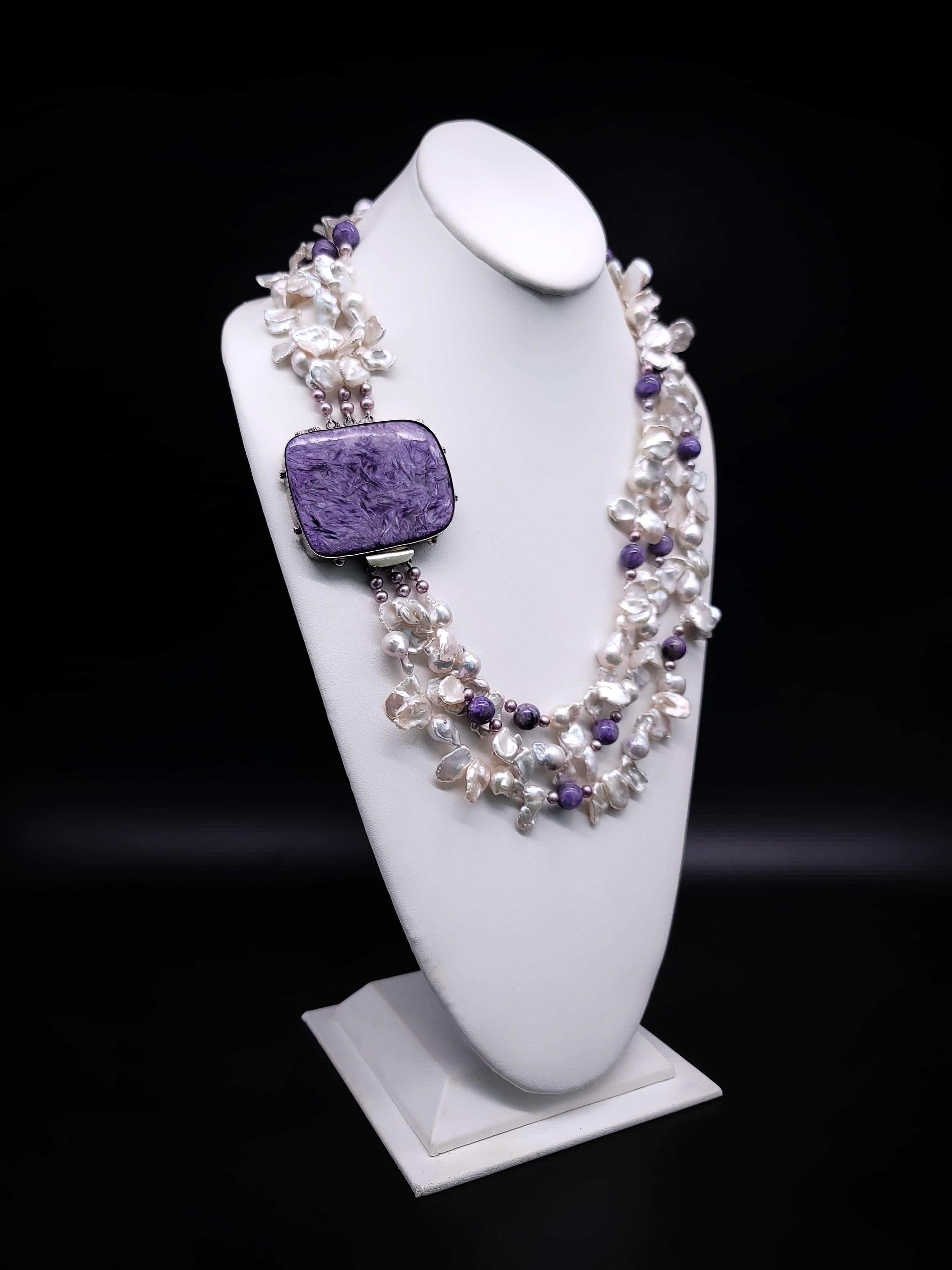 A.Jeschel Luxury Keshy Pearls with a signature Charoite clasp necklace. For Sale 8