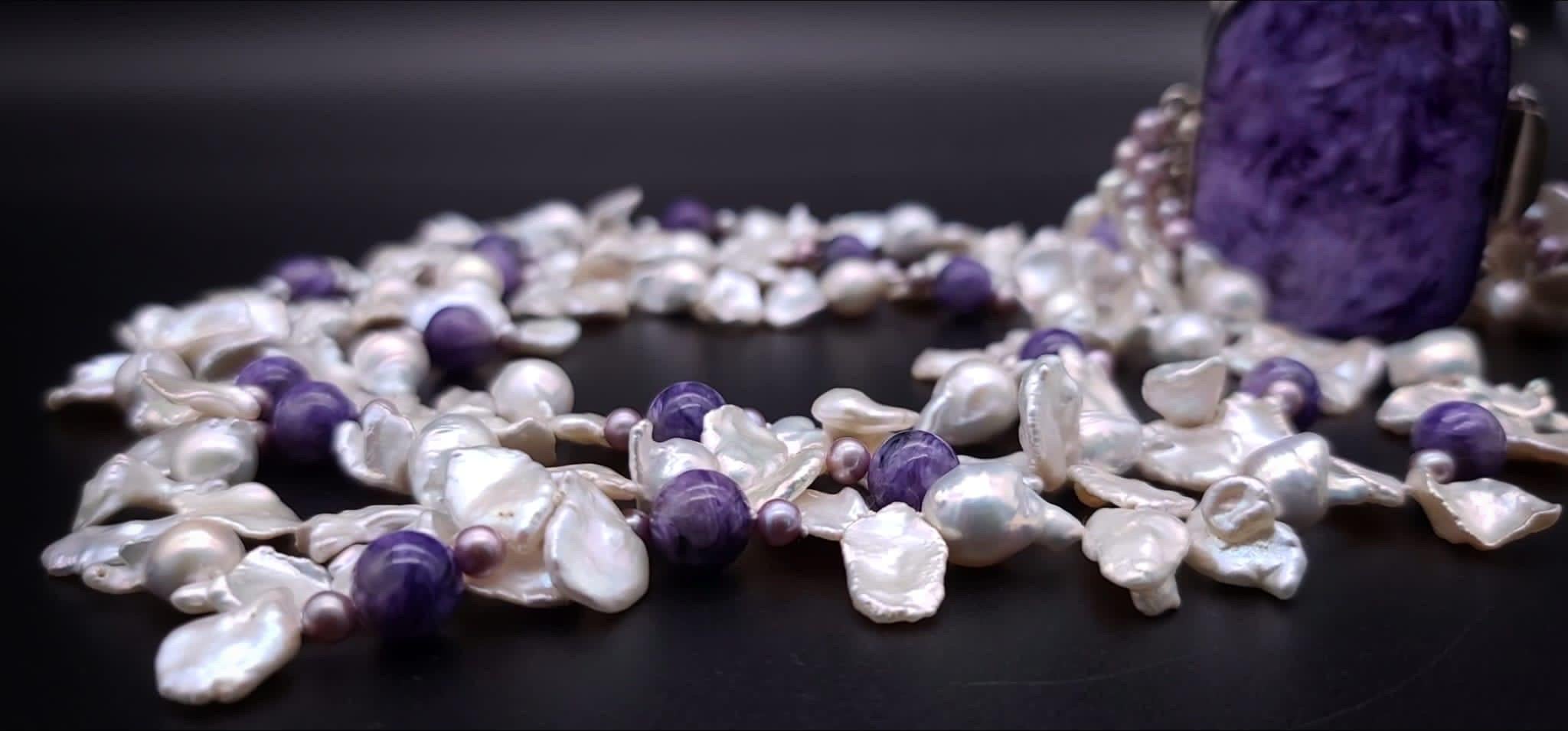 Mixed Cut A.Jeschel Luxury Keshy Pearls with a signature Charoite clasp necklace. For Sale