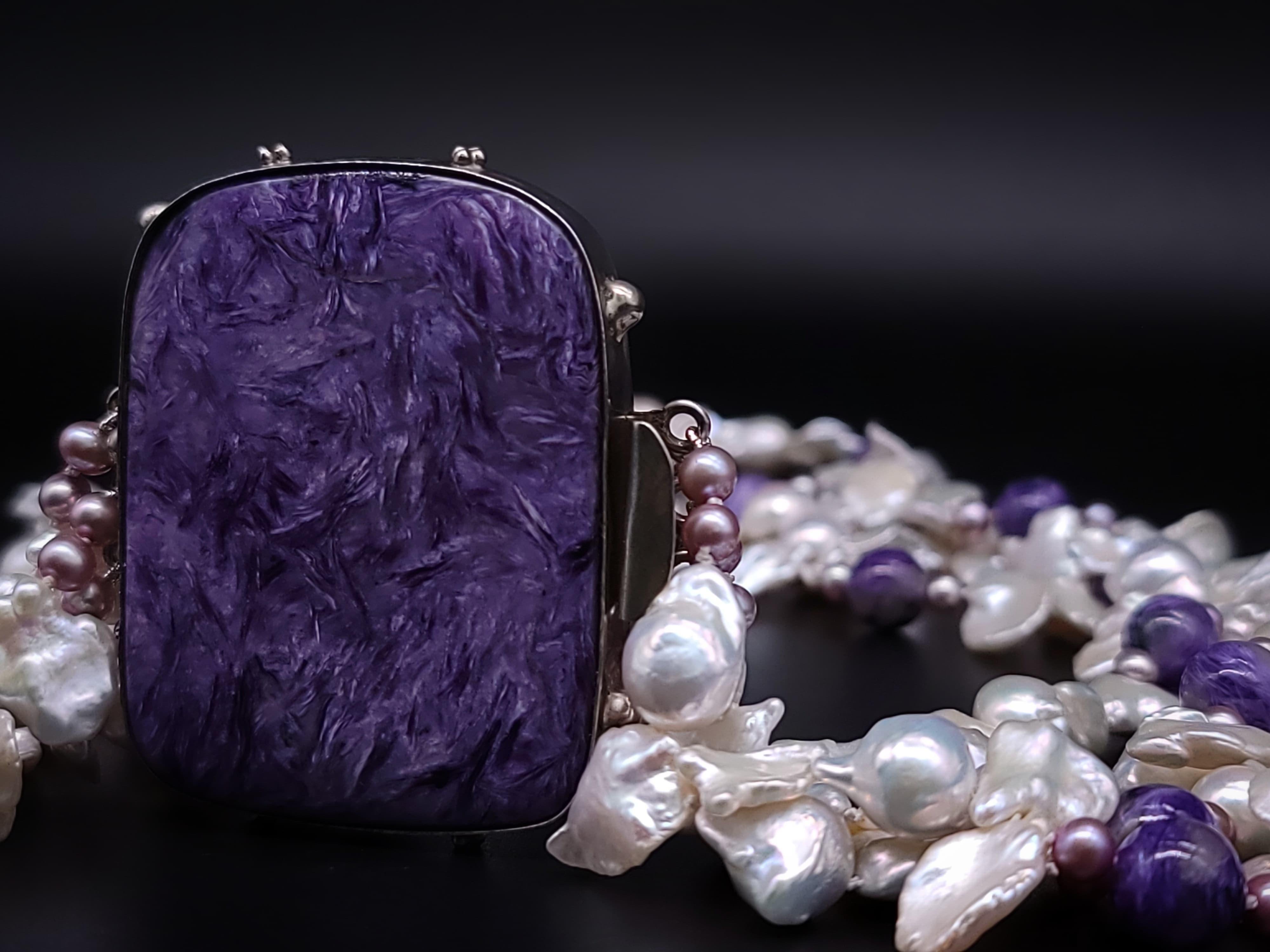 A.Jeschel Luxury Keshy Pearls with a signature Charoite clasp necklace. For Sale 3