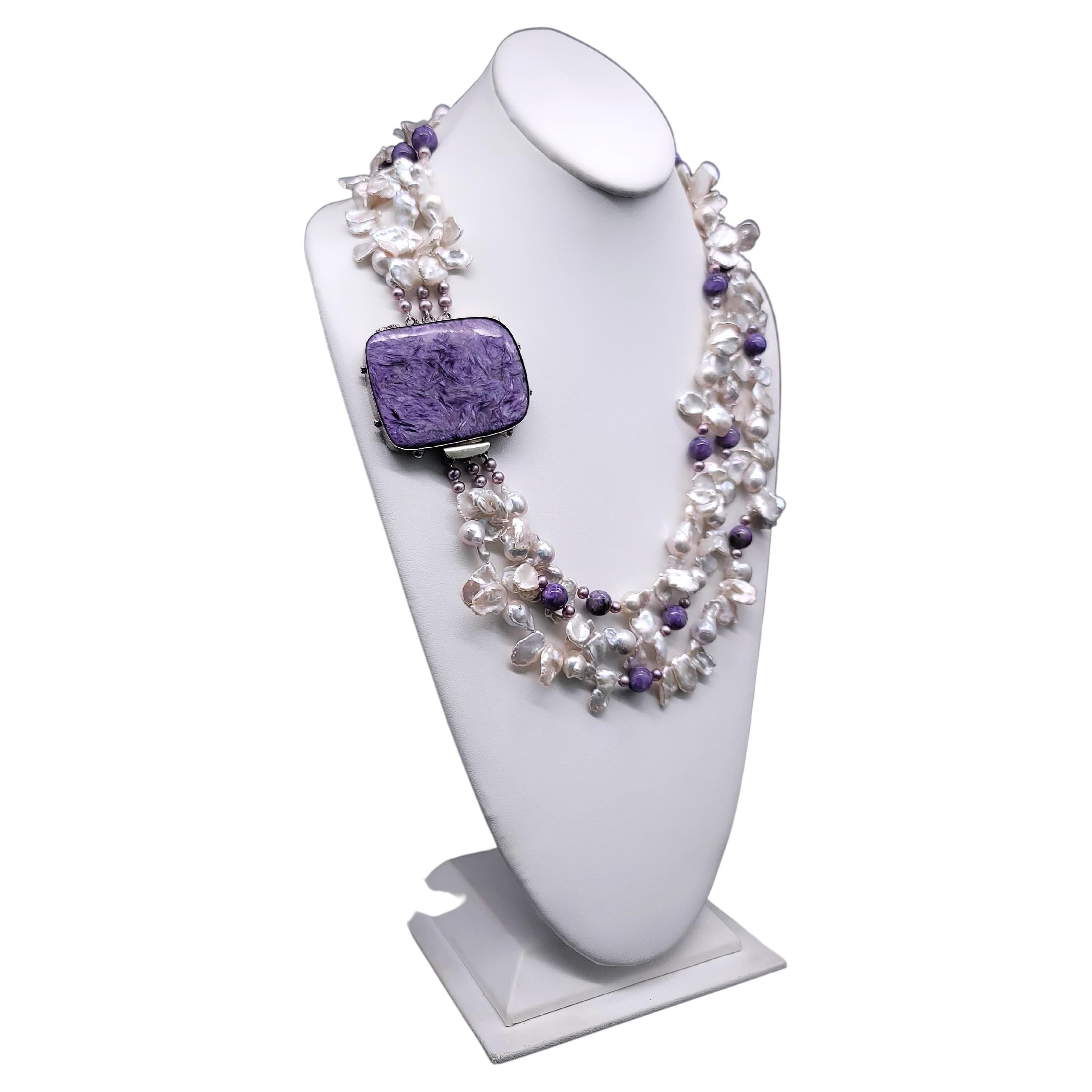 A.Jeschel Luxury Keshy Pearls with a signature Charoite clasp necklace. For Sale