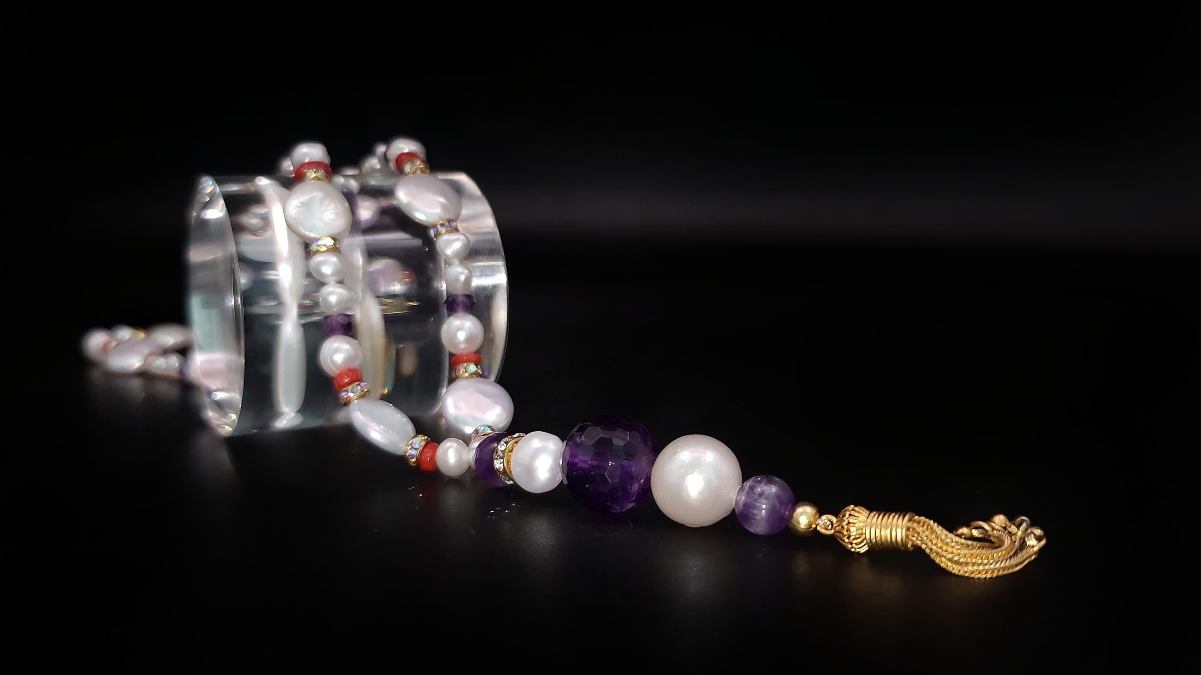 A.Jeschel Luxury Long Pearl and Amethyst necklace For Sale 4