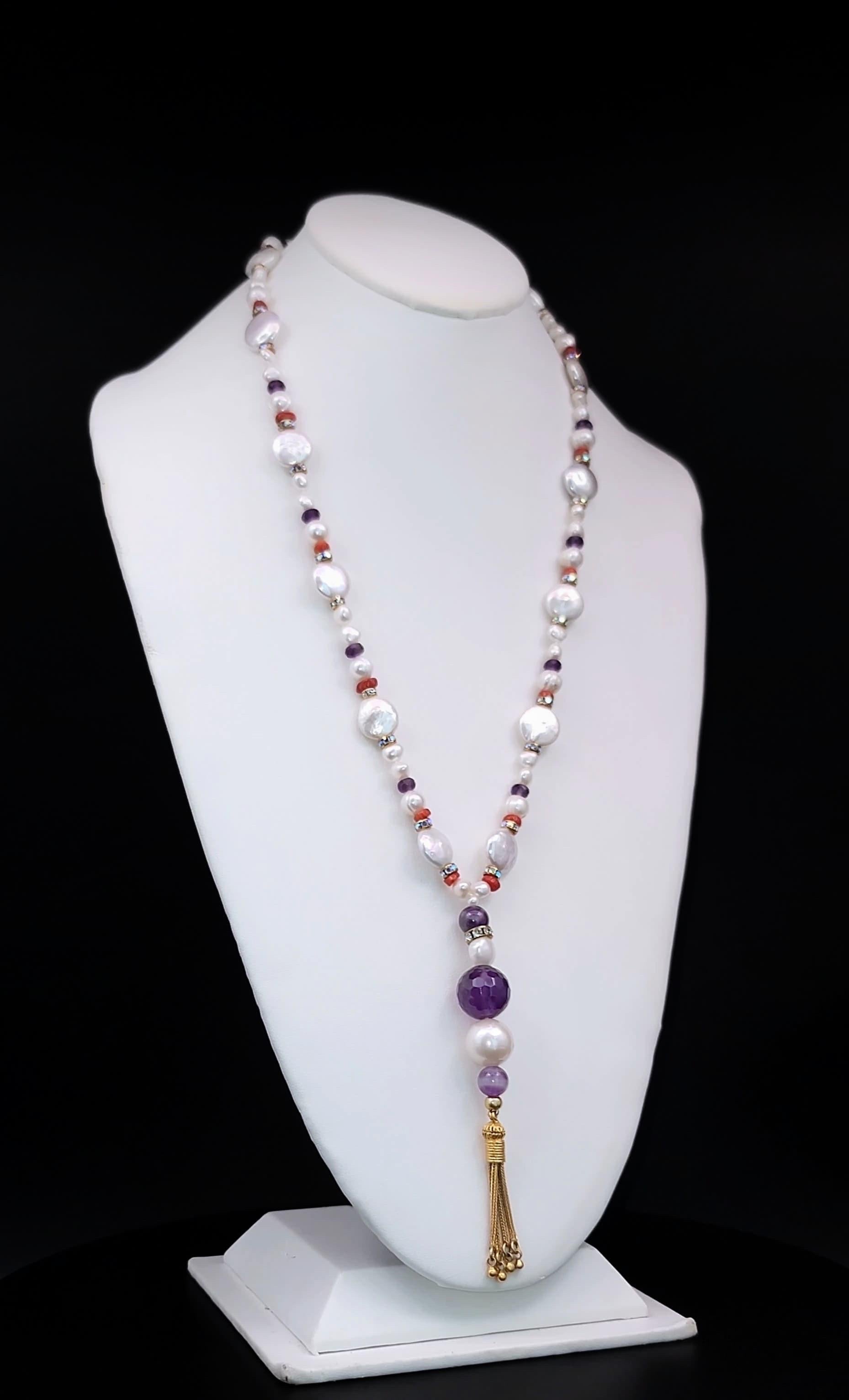 Elegance personified! This stunning one-of-a-kind long pearl necklace is hand-knotted with silk and measures 32 inches in length. It features lustrous pearls that shimmer in the light, polished Amethyst gemstones adding a touch of luxury, a vermeil