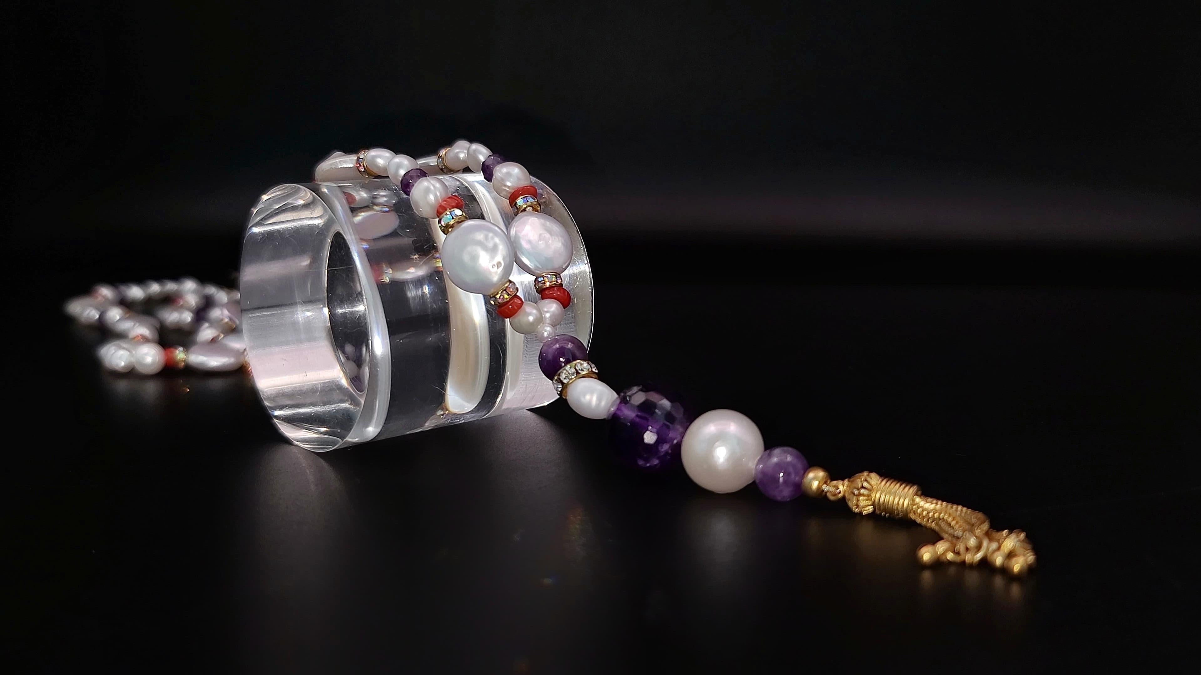 Contemporary A.Jeschel Luxury Long Pearl and Amethyst necklace For Sale