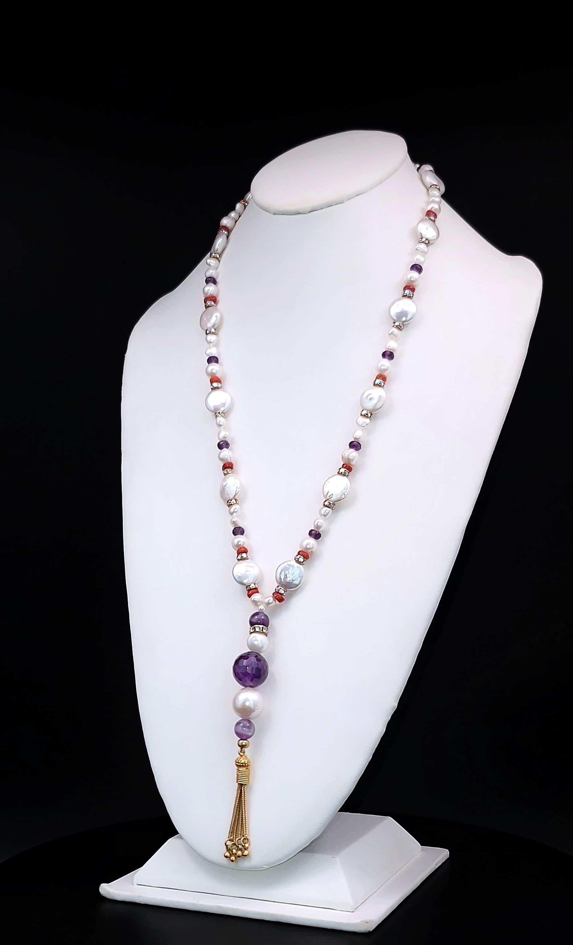 Mixed Cut A.Jeschel Luxury Long Pearl and Amethyst necklace For Sale