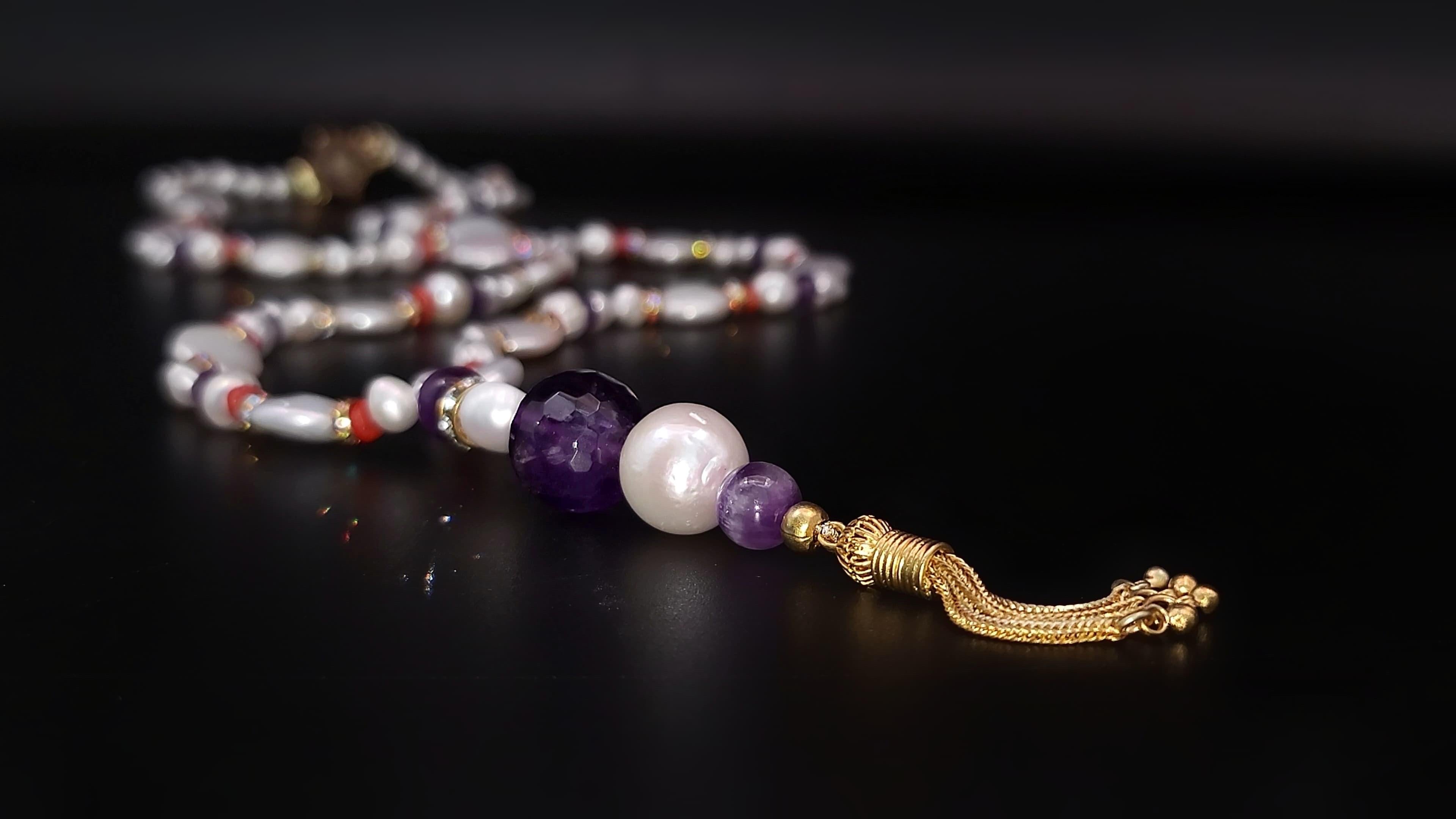 A.Jeschel Luxury Long Pearl and Amethyst necklace In New Condition For Sale In Miami, FL
