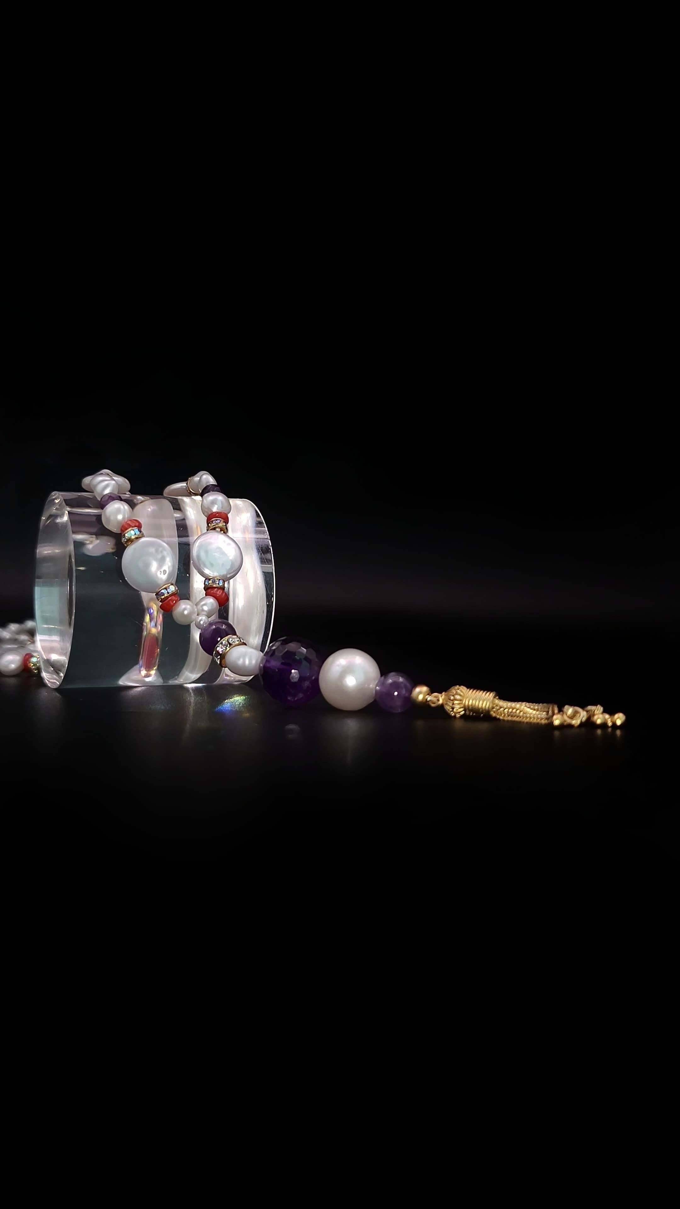 A.Jeschel Luxury Long Pearl and Amethyst necklace For Sale 2