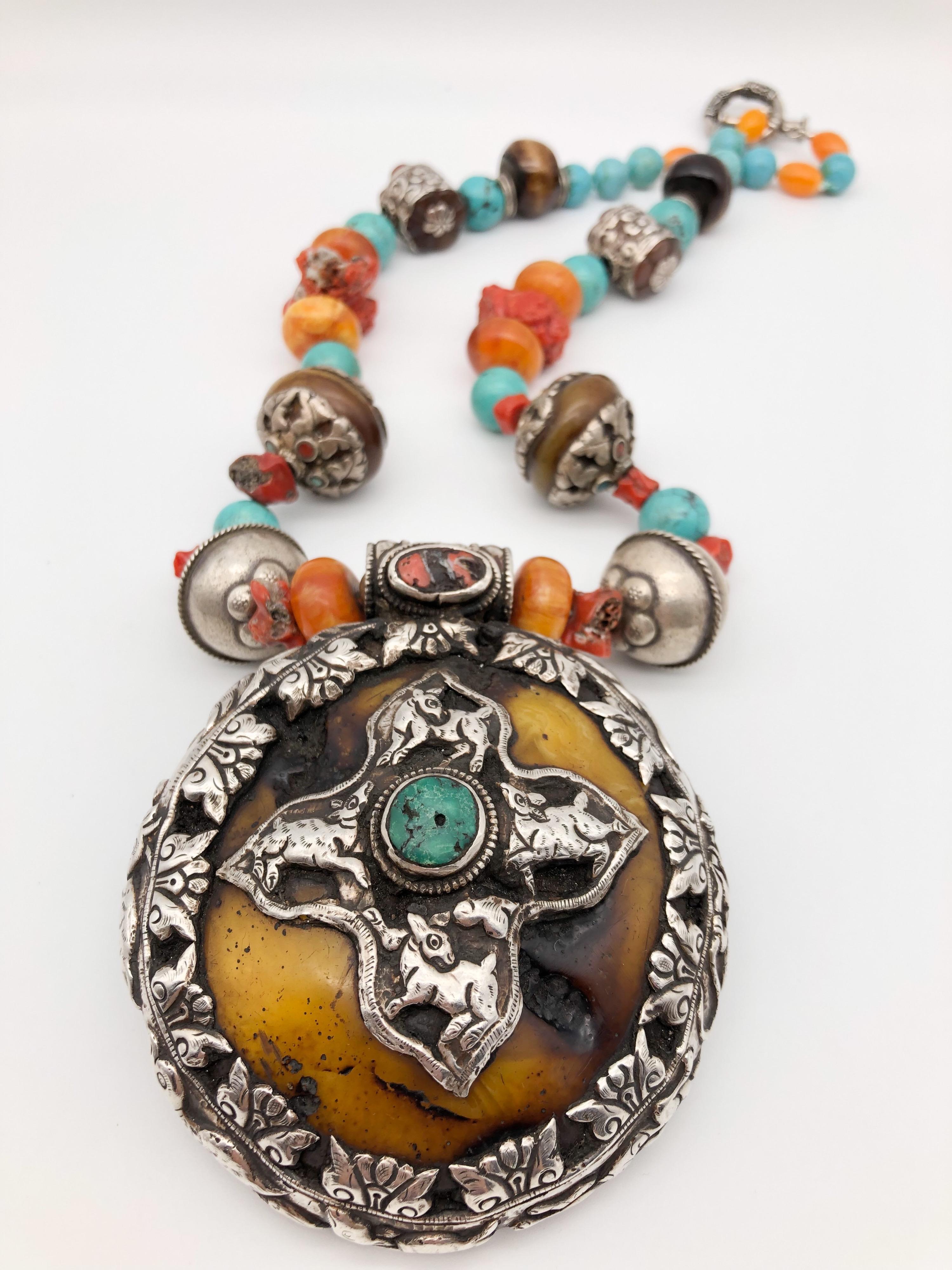 A.Jeschel Magnificent necklace with Tibetan Bold Sterling Silver Pendant For Sale 1