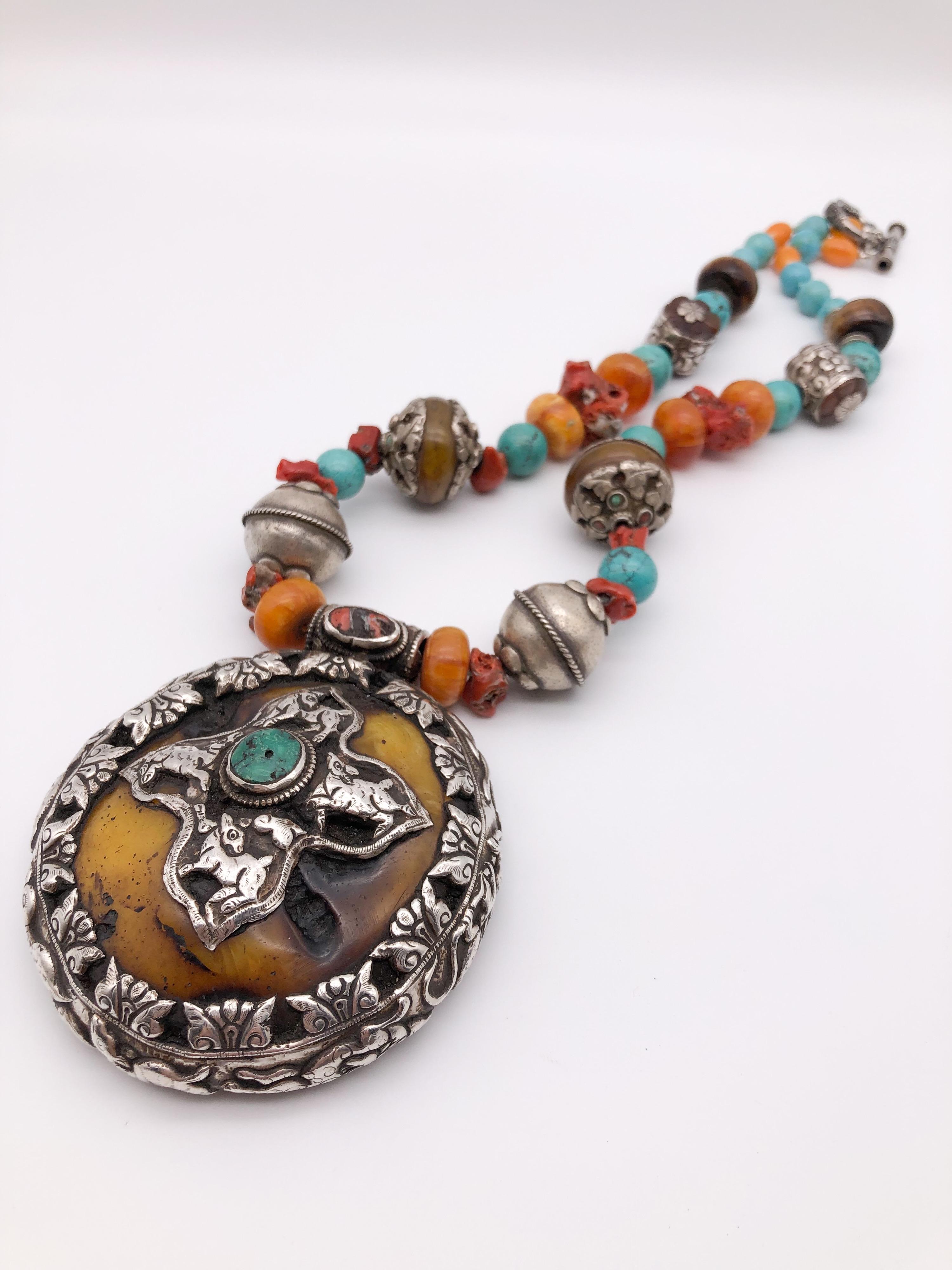 A.Jeschel Magnificent necklace with Tibetan Bold Sterling Silver Pendant For Sale 5