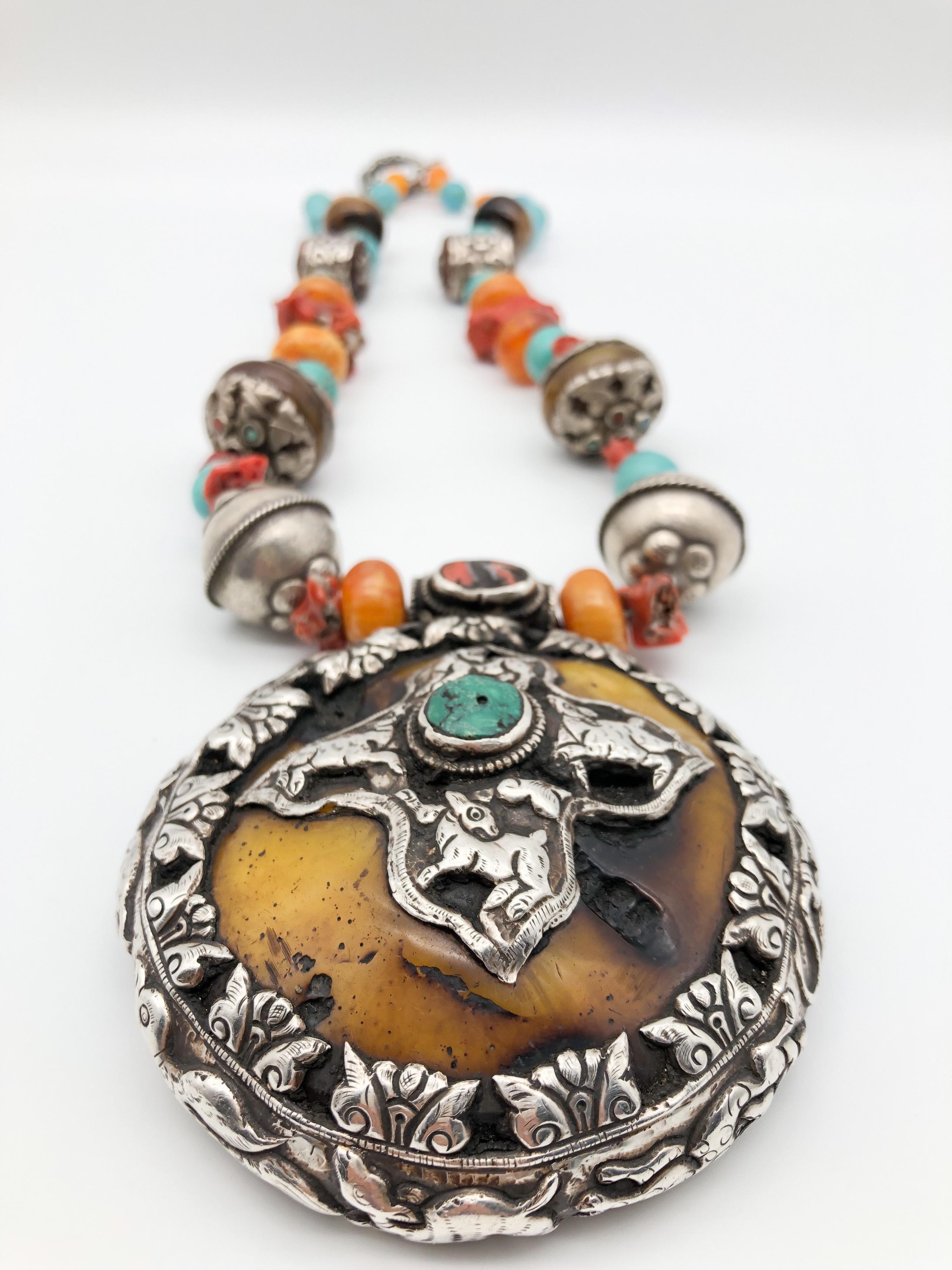 Mixed Cut A.Jeschel Magnificent necklace with Tibetan Bold Sterling Silver Pendant For Sale