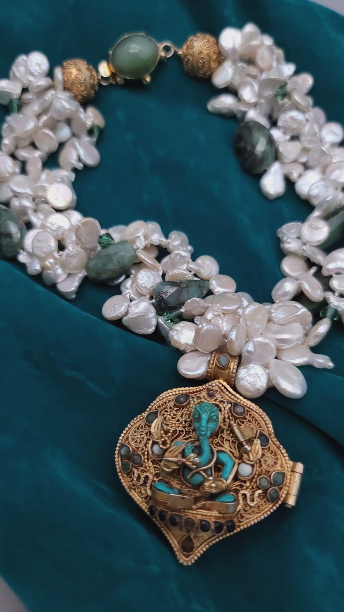A.Jeschel  Magnificent Tibetan Ghau prayer box and Pearls necklace For Sale 2