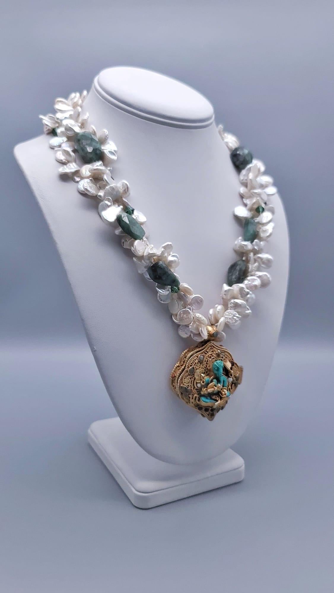 Contemporary A.Jeschel  Magnificent Tibetan Ghau prayer box and Pearls necklace For Sale