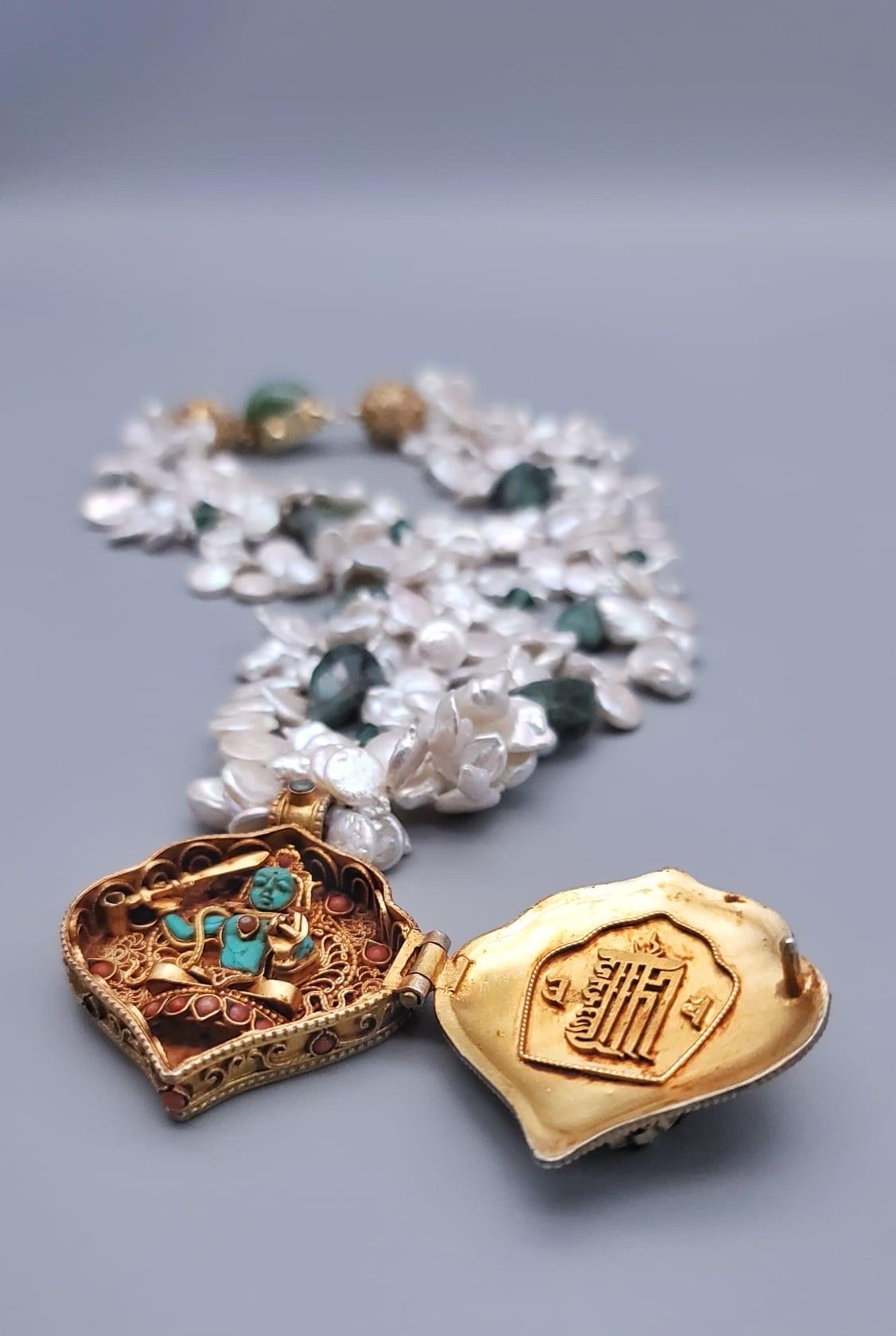 Mixed Cut A.Jeschel  Magnificent Tibetan Ghau prayer box and Pearls necklace For Sale