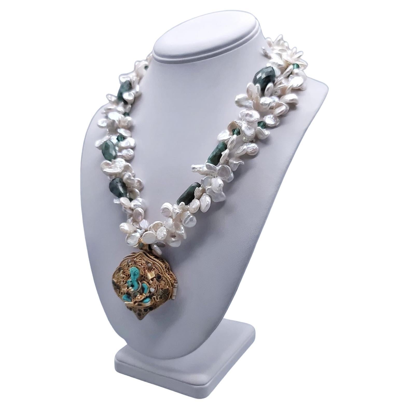 A.Jeschel  Magnificent Tibetan Ghau prayer box and Pearls necklace For Sale