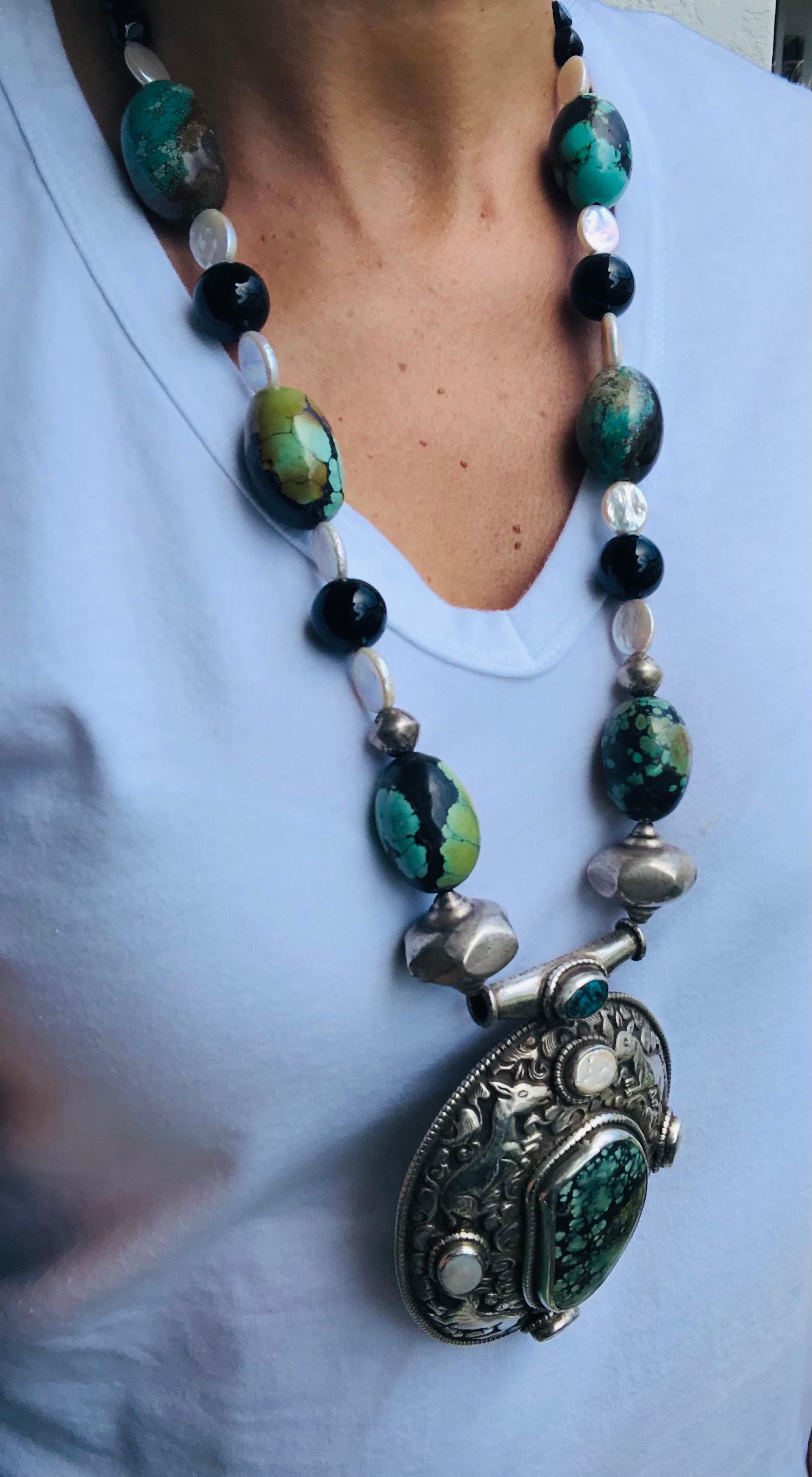 A.Jeschel Marvelous Turquoise necklace with Tibetan Pendant For Sale 4