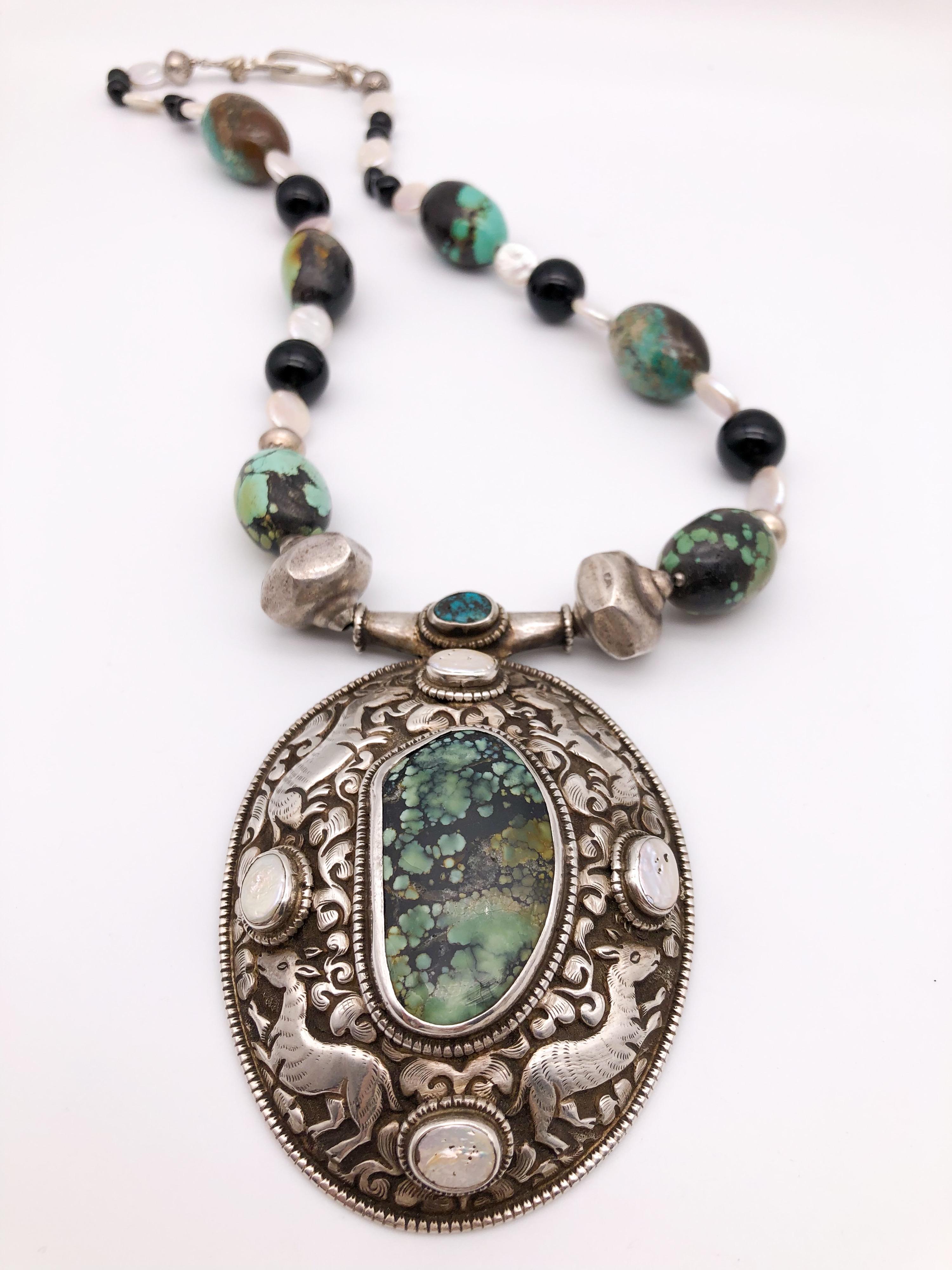 Women's A.Jeschel Marvelous Turquoise necklace with Tibetan Pendant For Sale