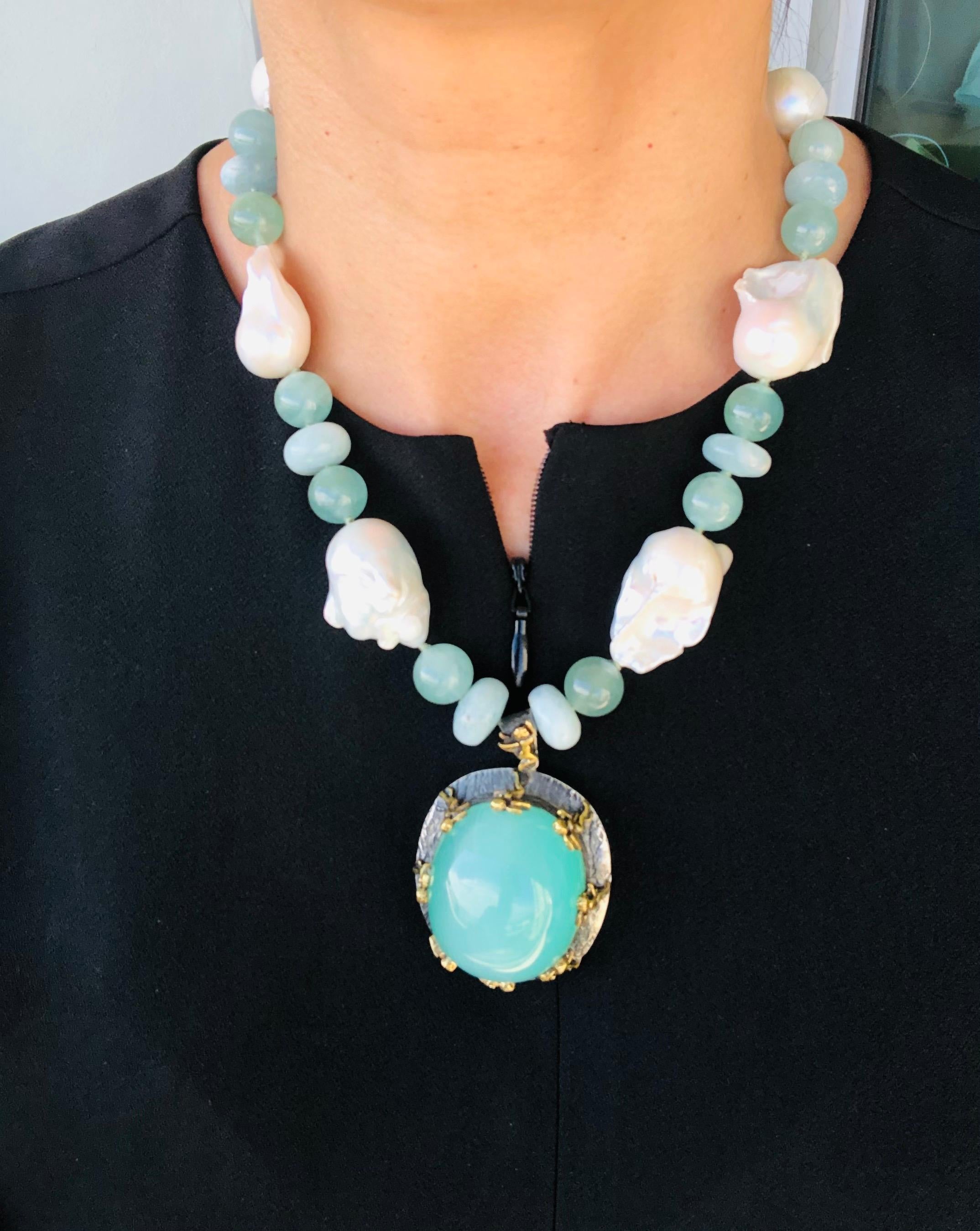 Mixed Cut A.Jeschel Massive Aquamarine Pendant suspended from Baroque Pearl Necklace For Sale