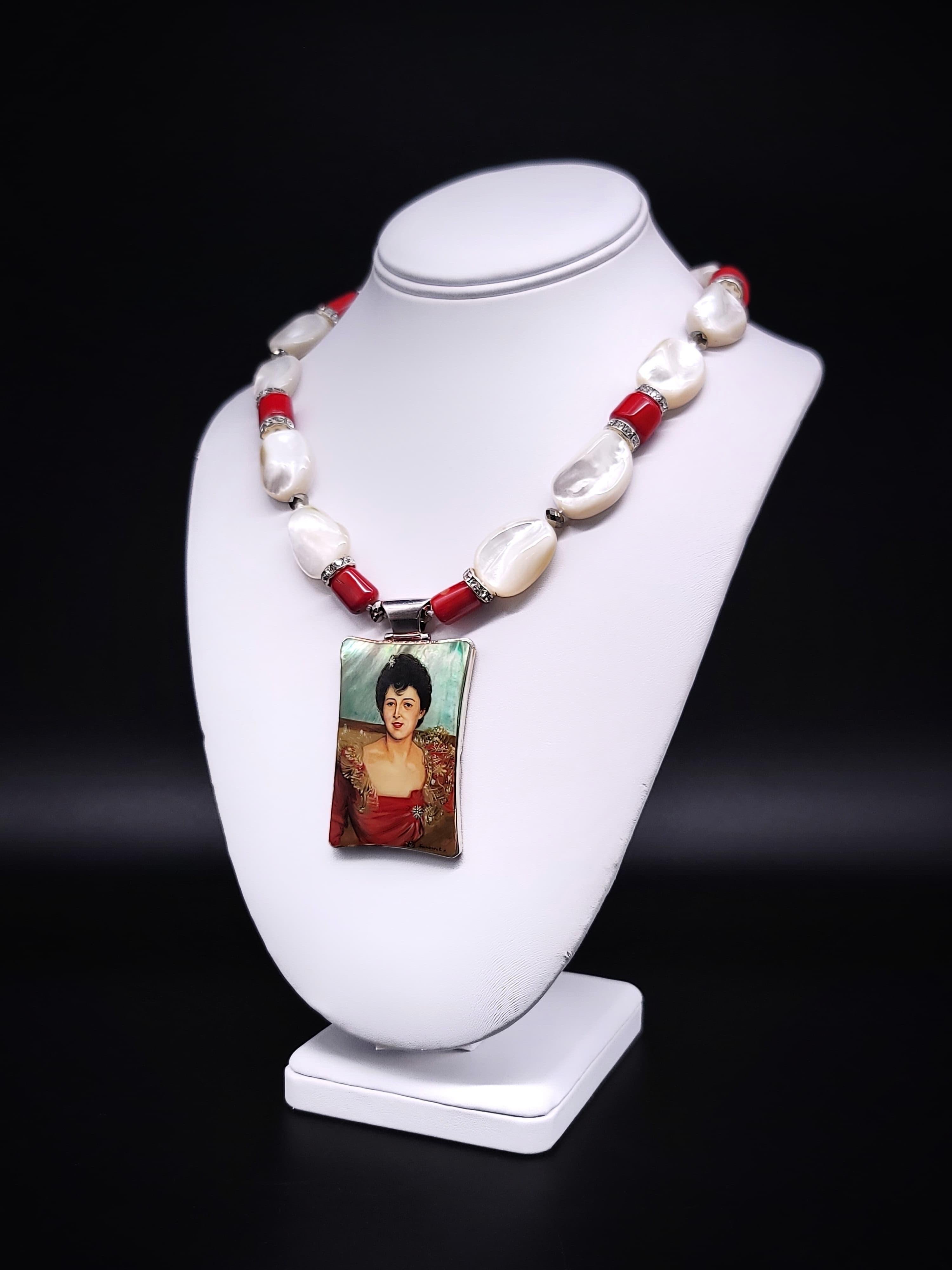 Contemporary A.Jeschel Mezmerizing Mother of Pearl necklace with an Art-Deco pendant. For Sale