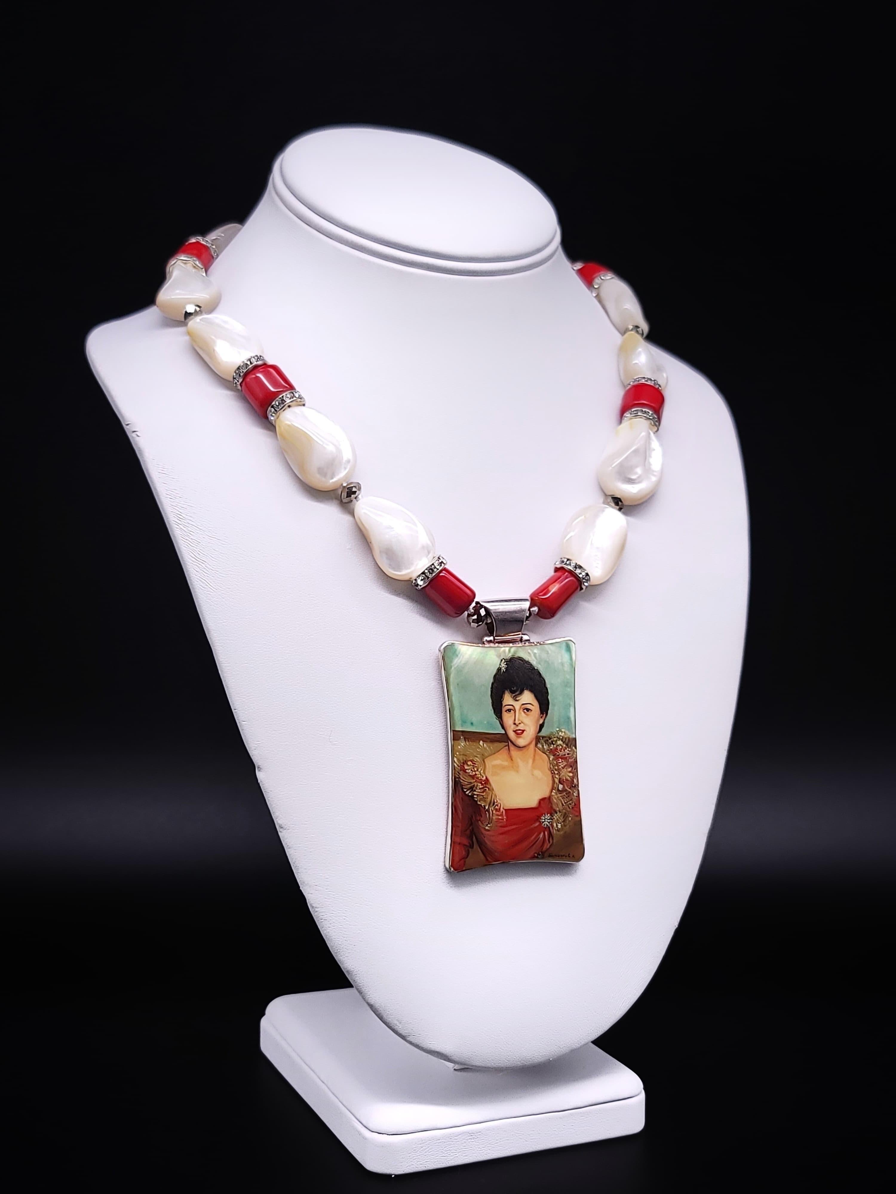 Mixed Cut A.Jeschel Mezmerizing Mother of Pearl necklace with an Art-Deco pendant. For Sale