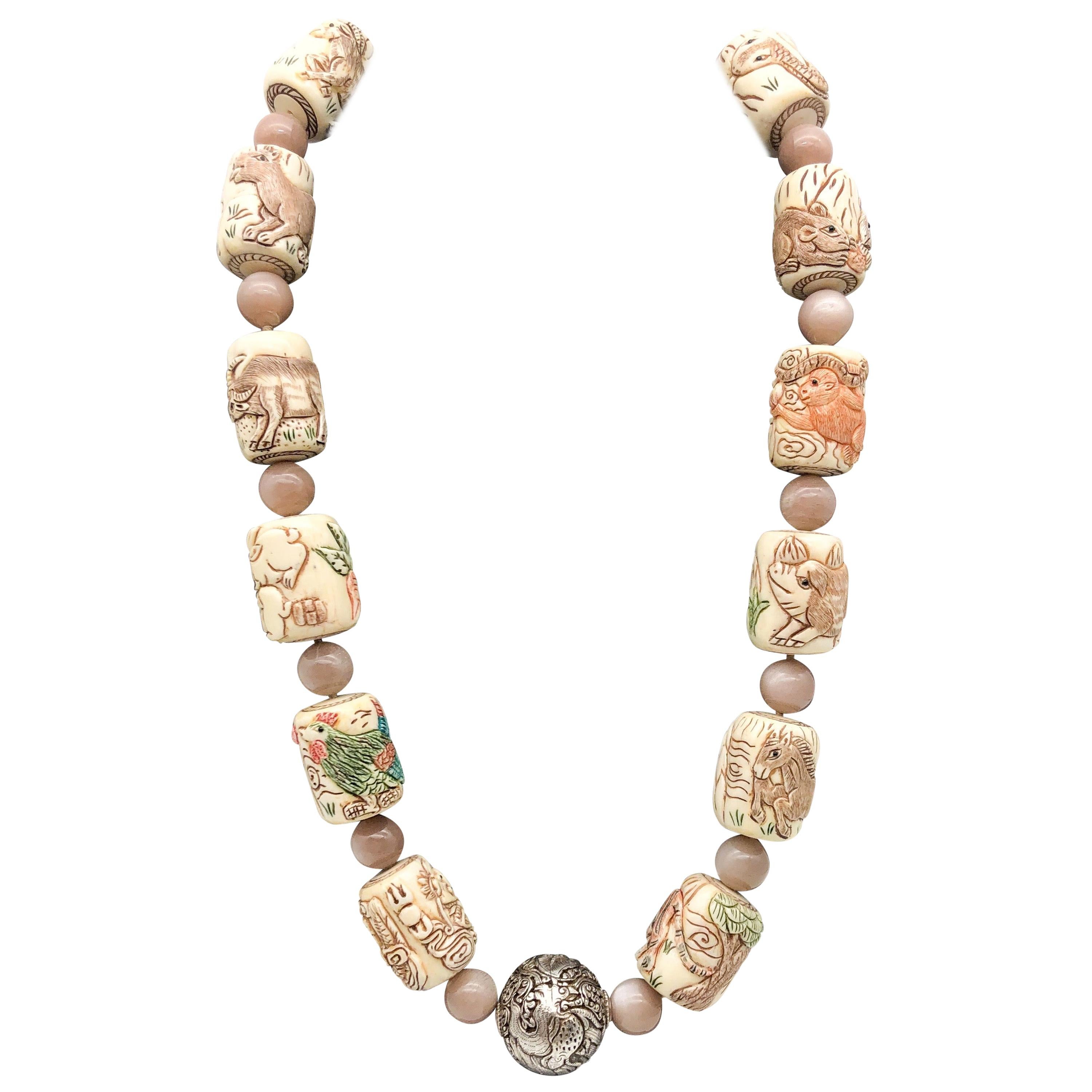 A.Jeschel Moonstone necklace with Chinese Zodiac symbols For Sale