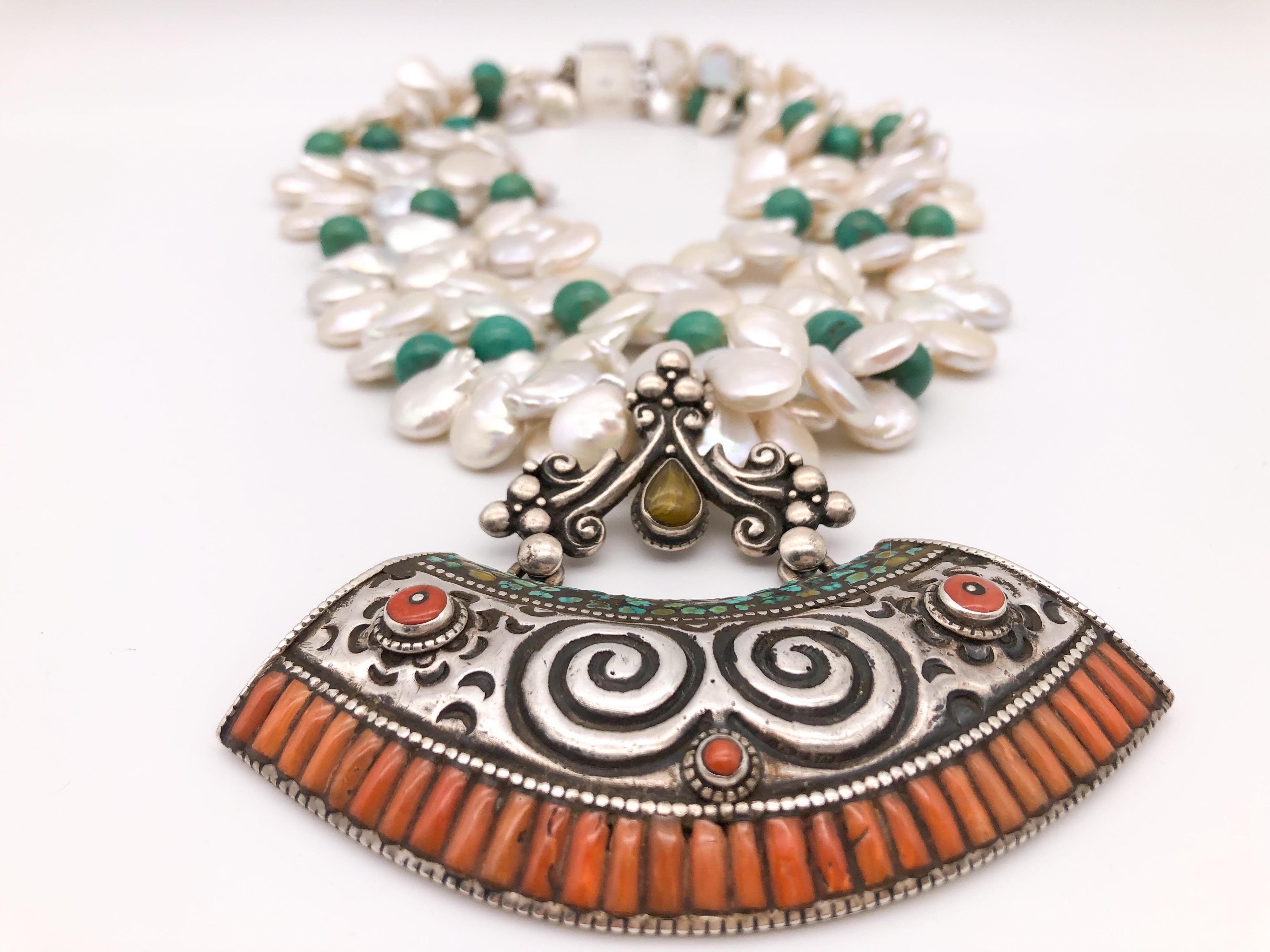 A.Jeschel Multi strand Freshwater Pearl with Tibetan pendant In New Condition For Sale In Miami, FL