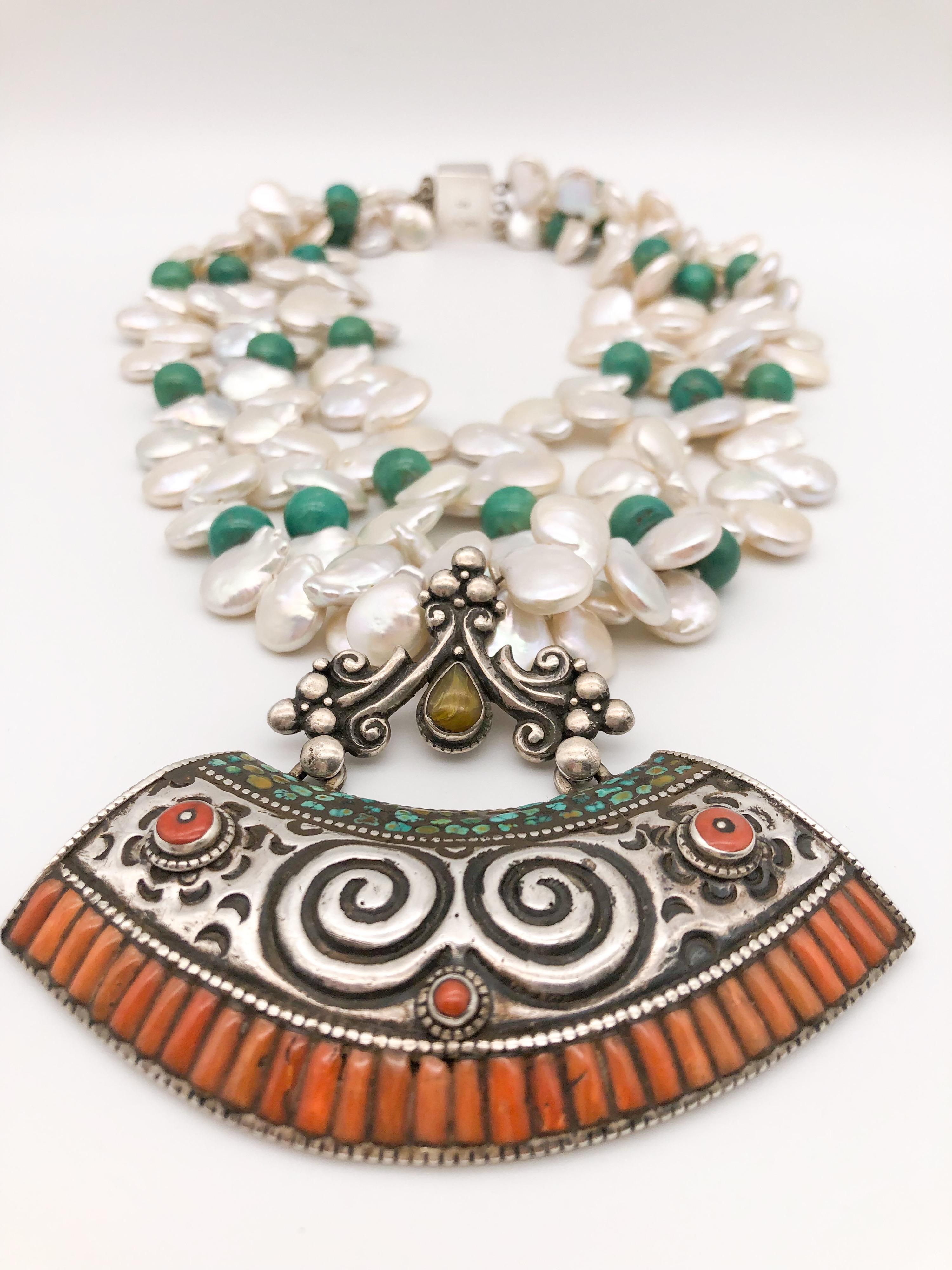 Women's A.Jeschel Multi strand Freshwater Pearl with Tibetan pendant For Sale