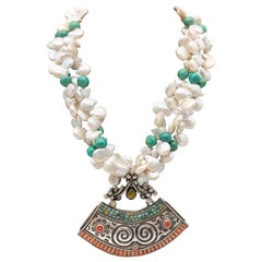 A.Jeschel Multi strand Freshwater Pearl with Tibetan pendant